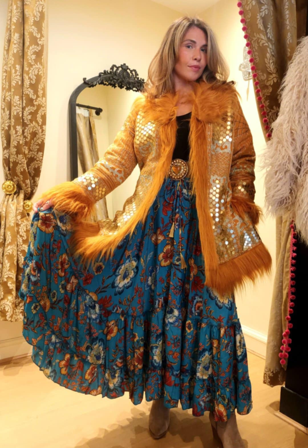 THE 'ELKIE' BREATHTAKING RICHLY EMBELLISHED FAUX FUR 70'S STYLE AFGHAN COAT IN SAFFRON FROM OUR EXCLUSIVE SPANISH RANGE