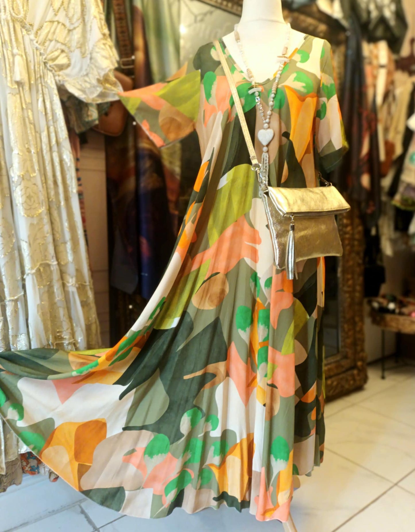 THE 'SUNNY DAZE' FIT AND FLARE V NECK DRESS WITH SUPER SWISHY SKIRT GREEN MIX or PINK MIX