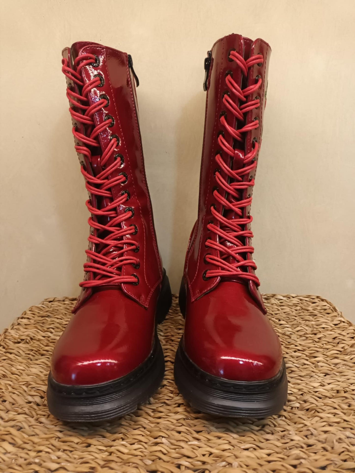 THE 'ROSA' STUNNING SCARLET FLORAL EMBROIDERED LACE UP SUPER COMFORT BOOTS VEGAN FRIENDLY