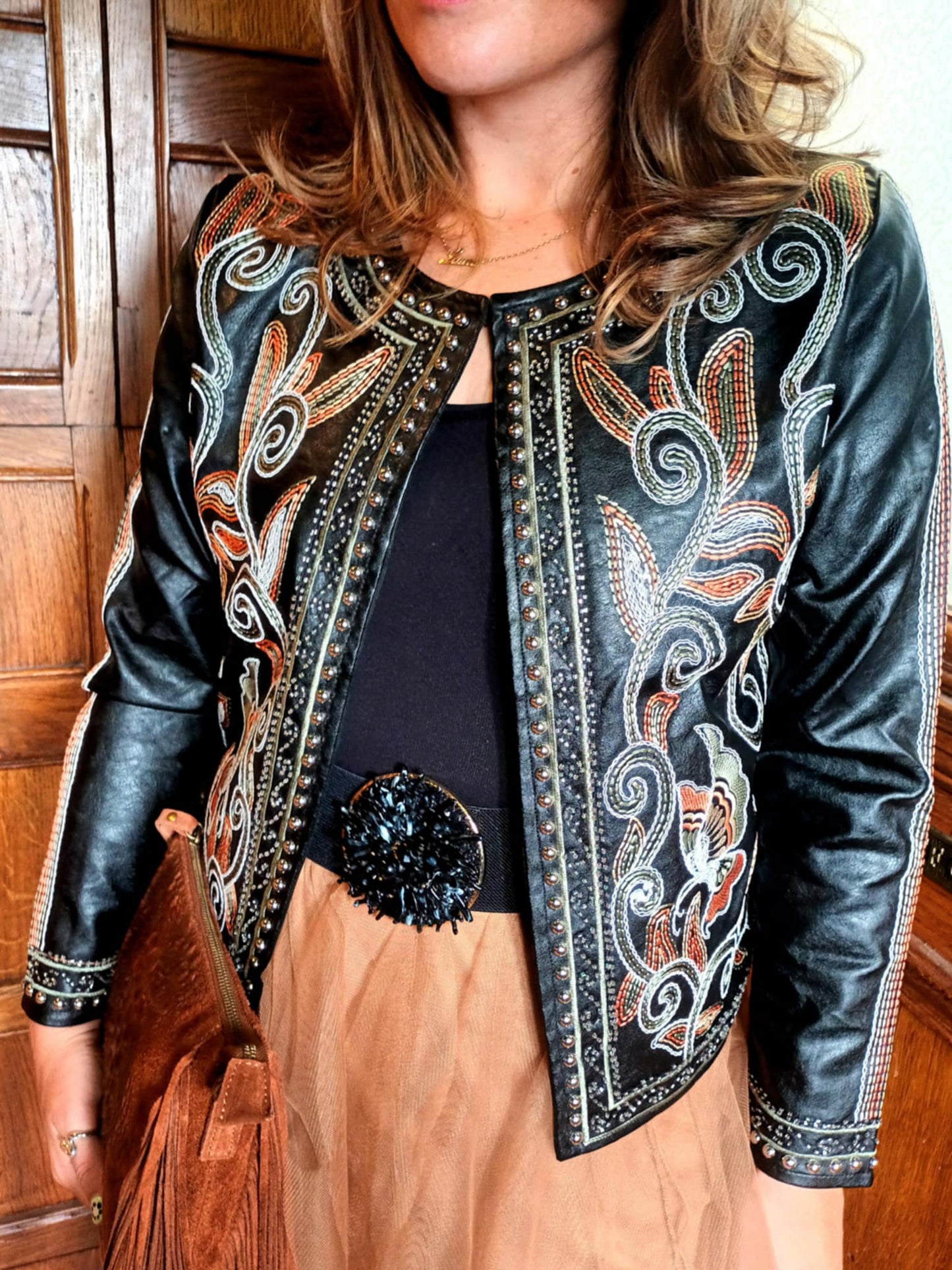 THE 'CLAUDIA' ELEGANT FAUX LEATHER STUDDED AND RICHLY EMBROIDERED JACKET