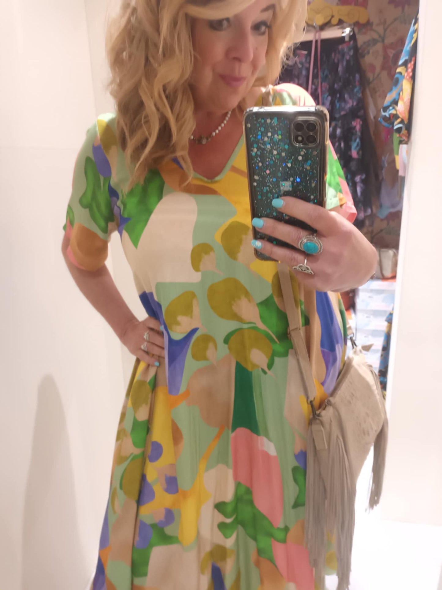 THE 'SUNNY DAZE' FIT AND FLARE V NECK DRESS WITH SUPER SWISHY SKIRT GREEN MIX or PINK MIX