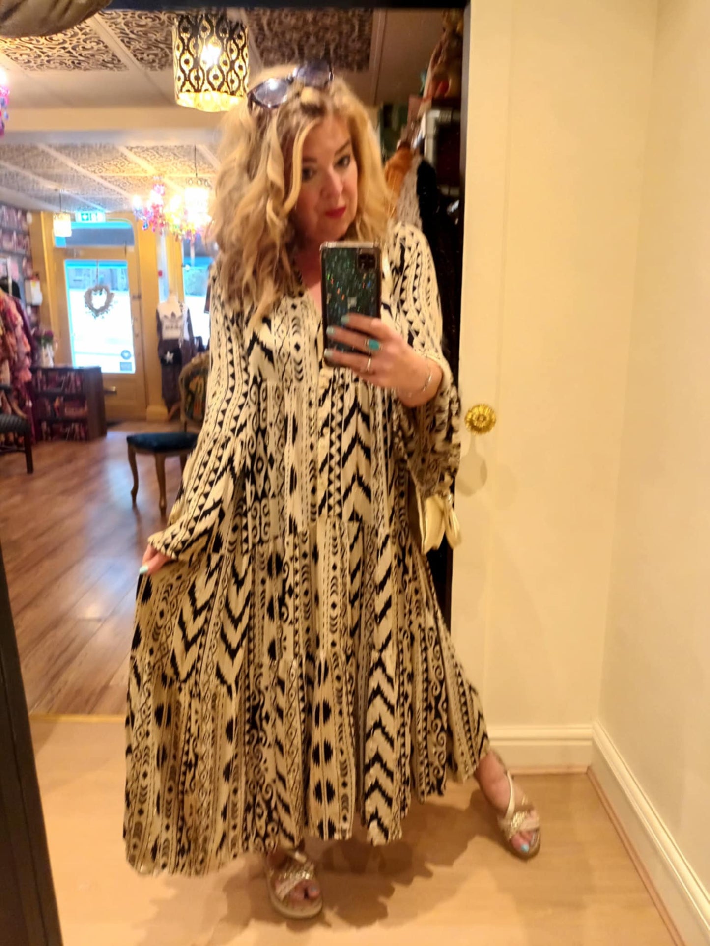 THE 'IKAT' ELEGANT AND FLOATY ETHNIC PRINT BUTTON THROUGH DRESS WITH ACCENTS OF GOLD