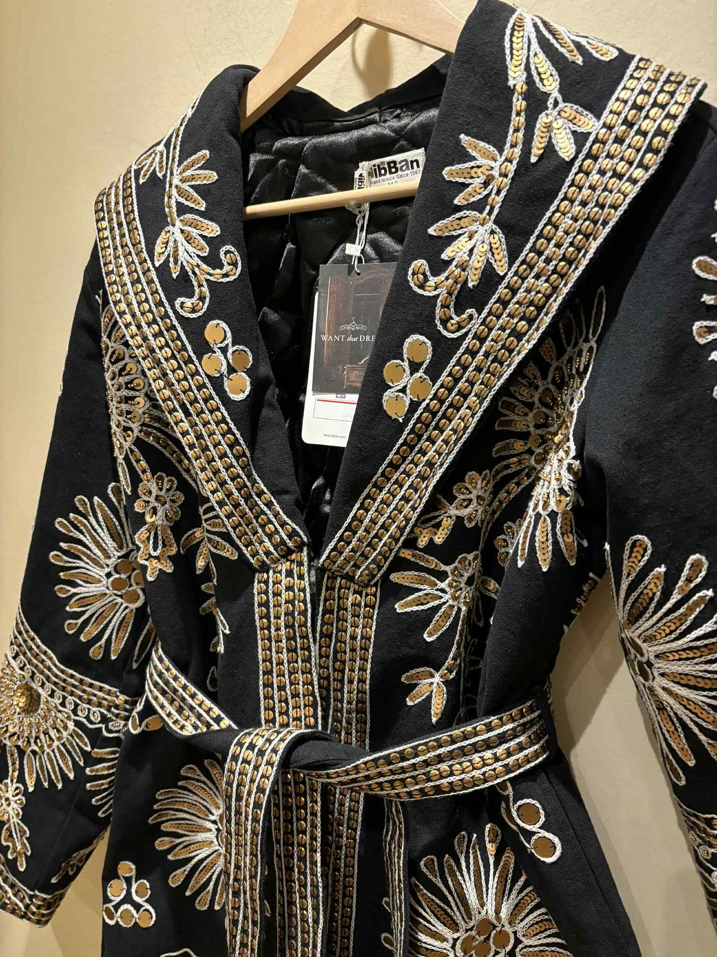 THE 'YARA' STUNNING EMBROIDERED AND SEQUINNED SHAWL COLLAR COAT WITH COSY QUILTED LINING. EXCLUSIVE FROM SPAIN