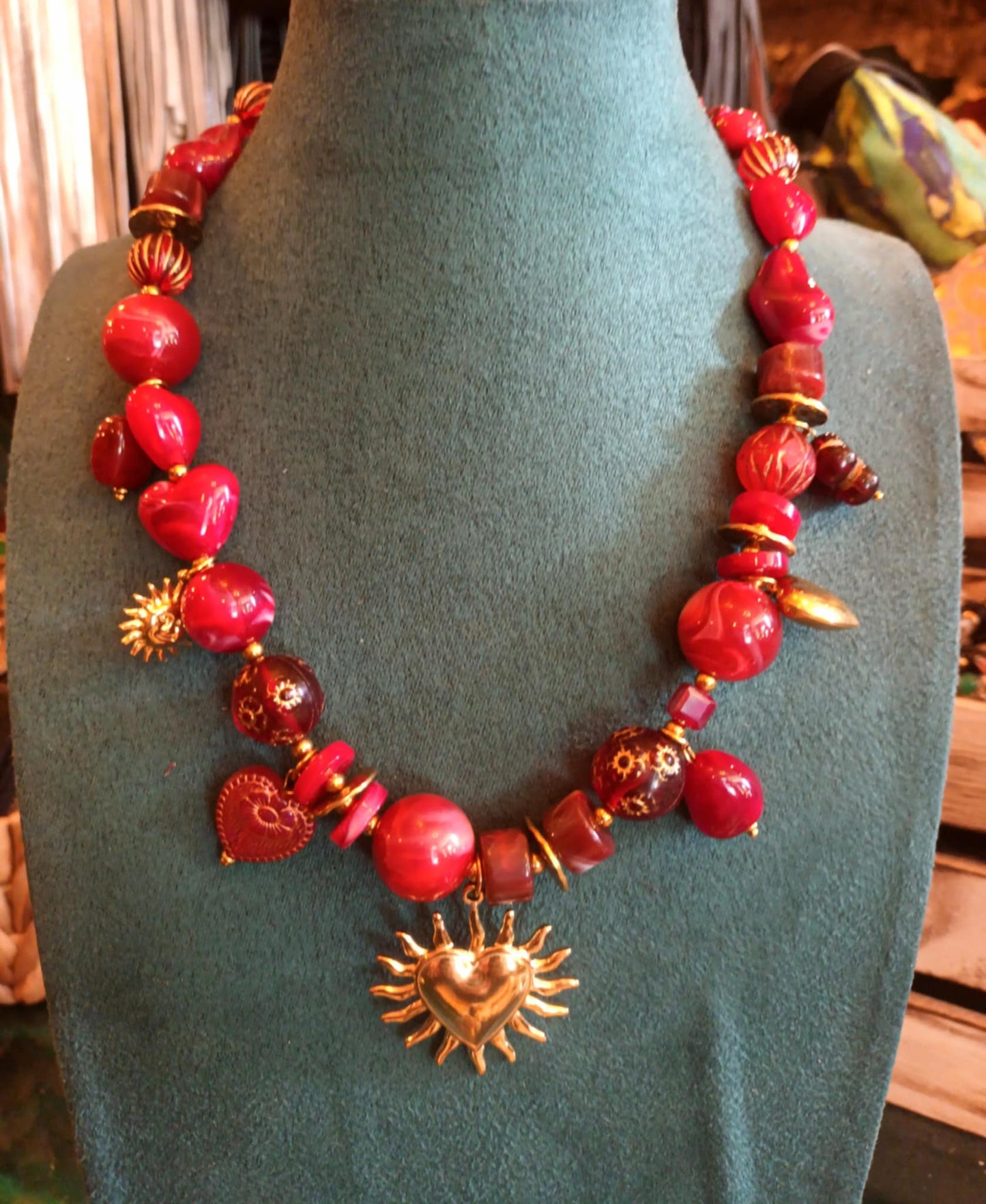 THE 'CELESTIAL LOVE' BEAUTIFUL BEADED AND EMBELLISHED NECKLACE IN RUBY OR AMBER