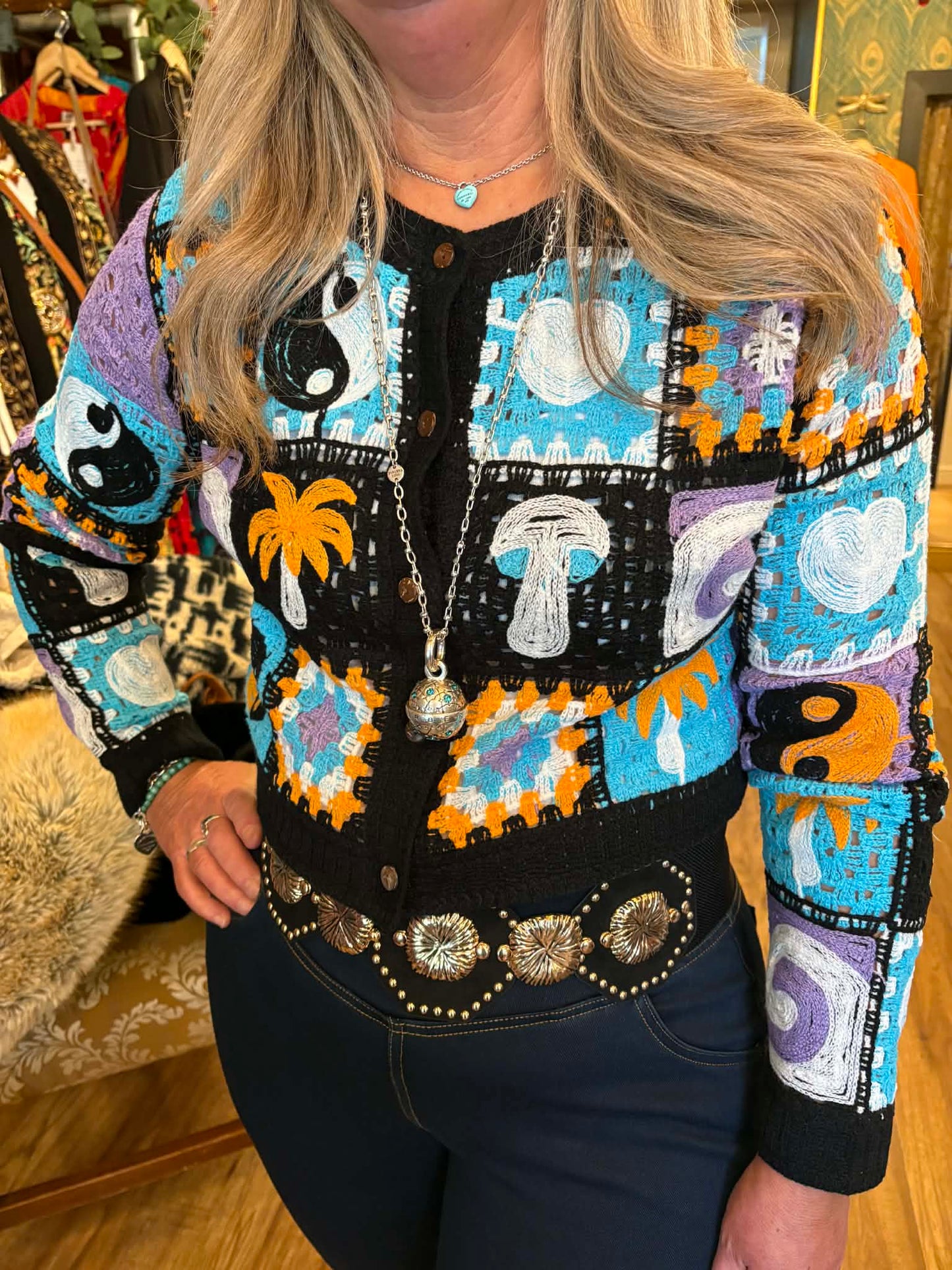 THE 'MYSTIC VIBES' BRIGHT & QUIRKY CROCHET CARDIGAN YING & YANG, HEARTS & MUSHROOMS