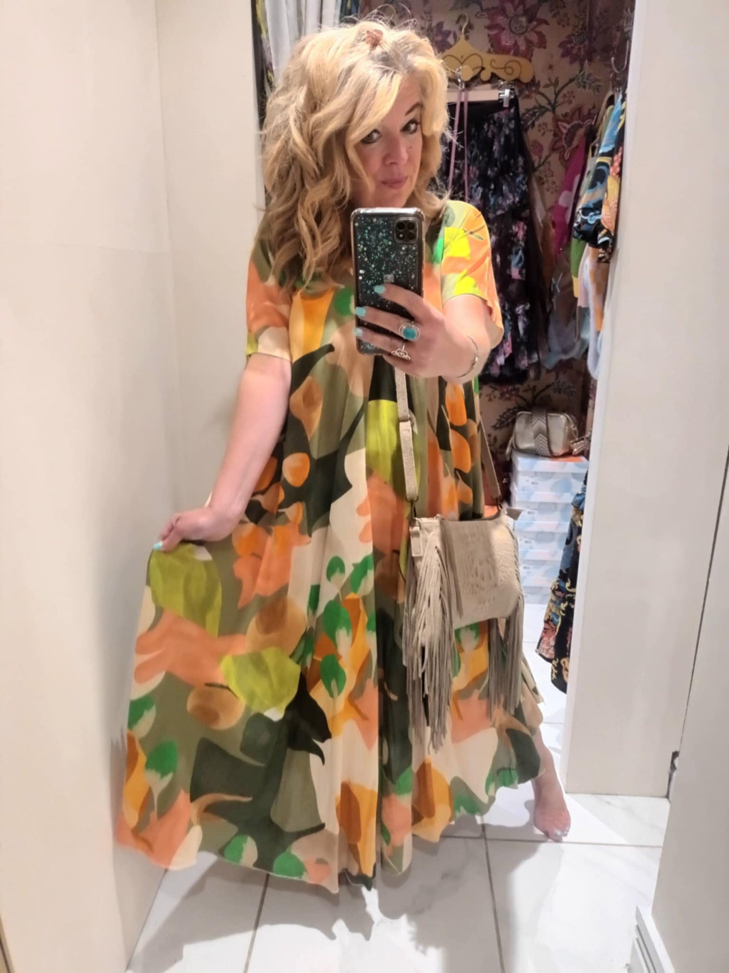 THE 'SUNNY DAZE' FIT AND FLARE V NECK DRESS WITH SUPER SWISHY SKIRT GREEN MIX or PINK MIX