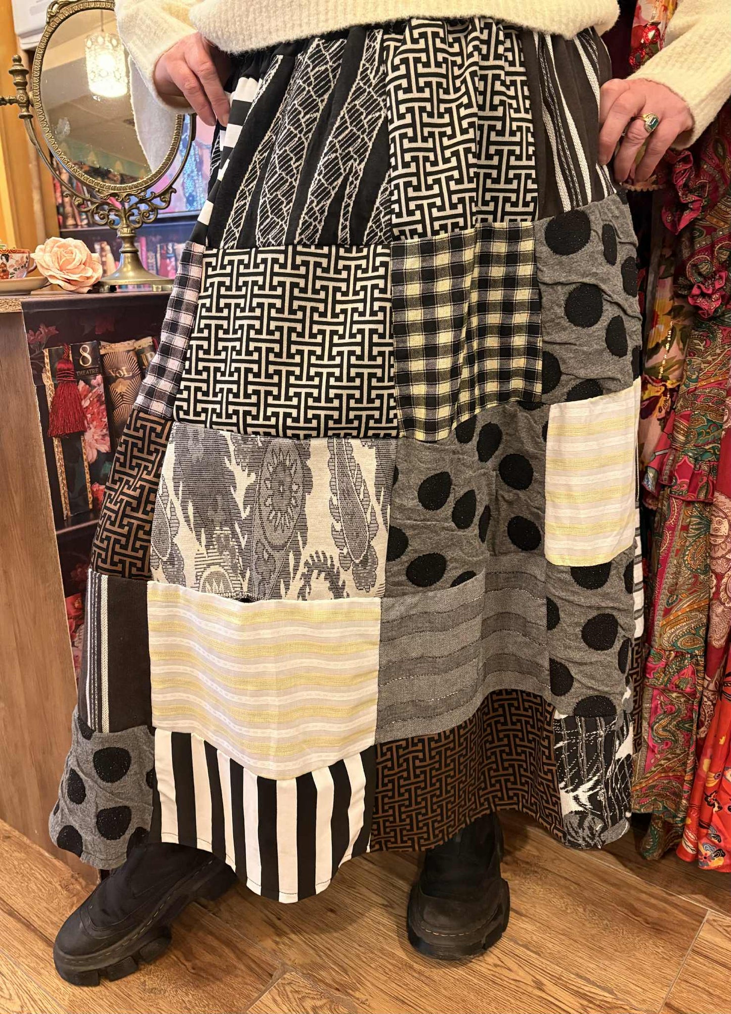 THE 'QUEEN VIVIENNE' EXQUISITE ELASTICATED WAIST PATCHWORK SKIRT IN TWEEDS, GINGHAMS, SPOTS AND STRIPES