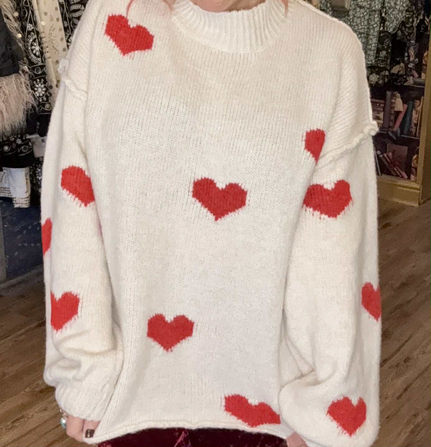 THE 'LOVE IS...' BEAUTIFUL CREAM AND RED CUTE AND COSY HEART PATTERN SNUGGLE JUMPER