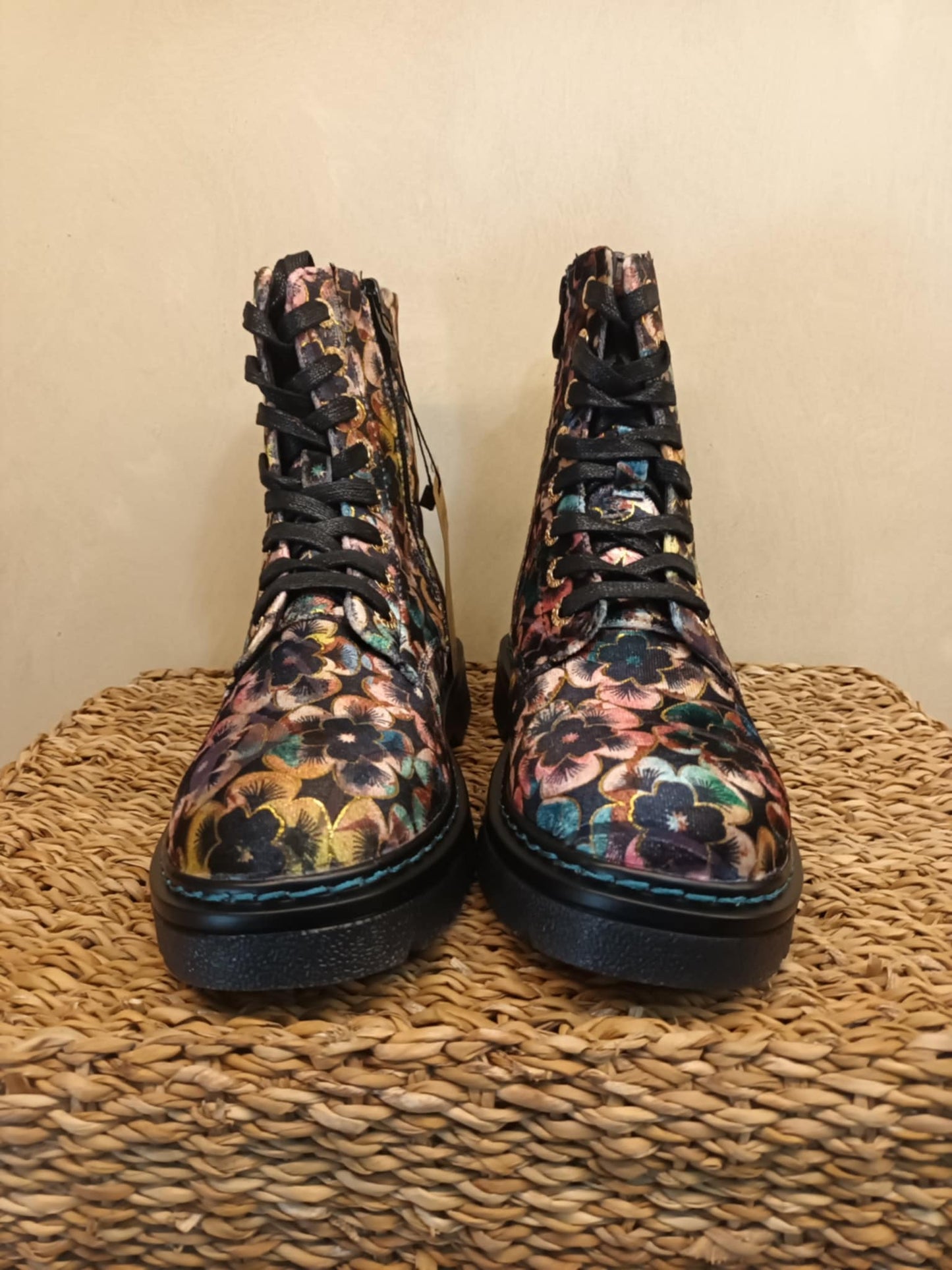THE 'PANSY' STUNNING MULTI PANSY PATTERN LACE UP SUPER COMFORT LACE UP/ZIP BOOTS VEGAN FRIENDLY