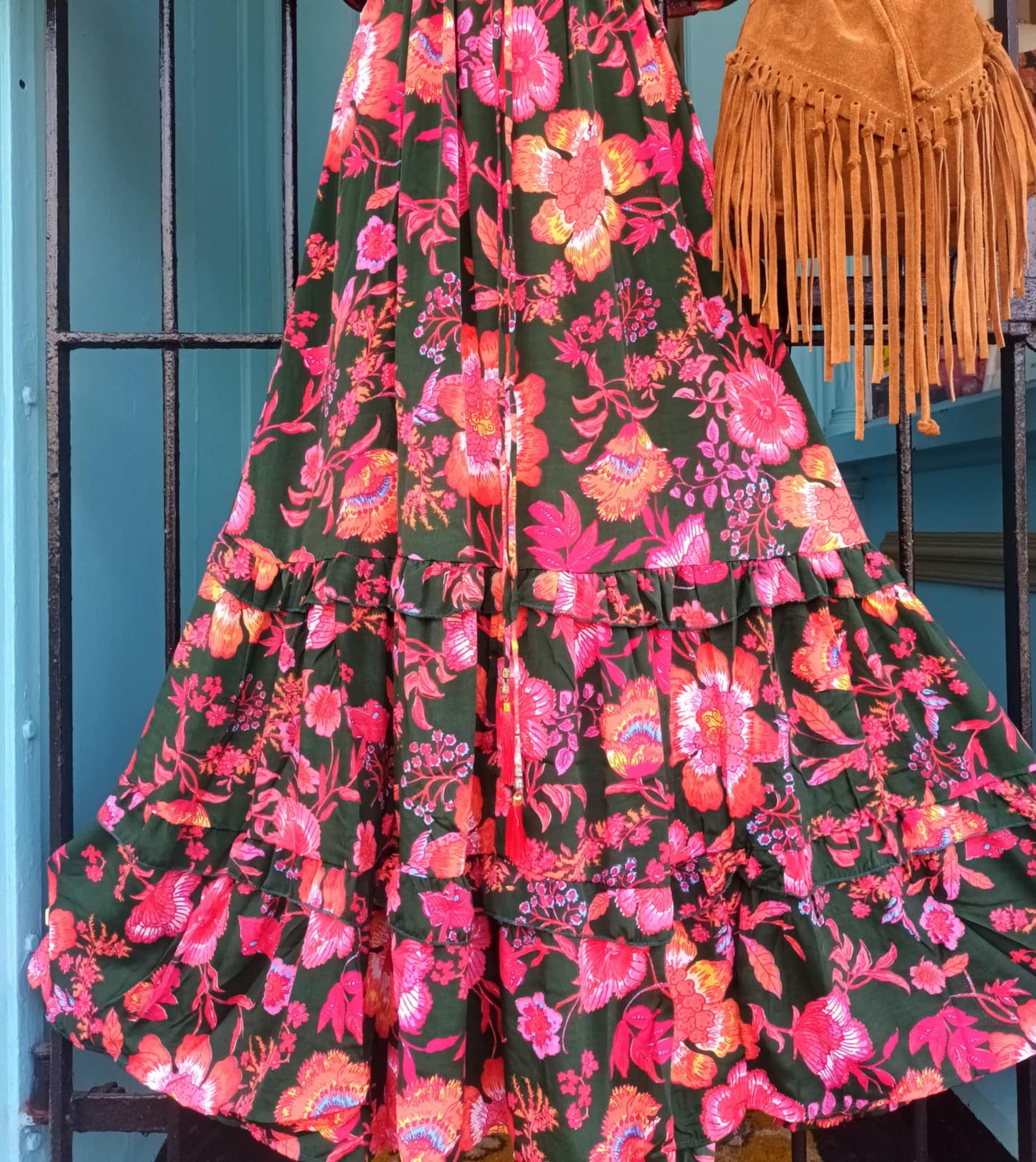 THE 'ALHAMBRA SUNSET' BREATHTAKING VIBRANT BOTANICAL PRINT FRILL HEM DRESS FROM OUR EXCLUSIVE SPANISH COLLECTION