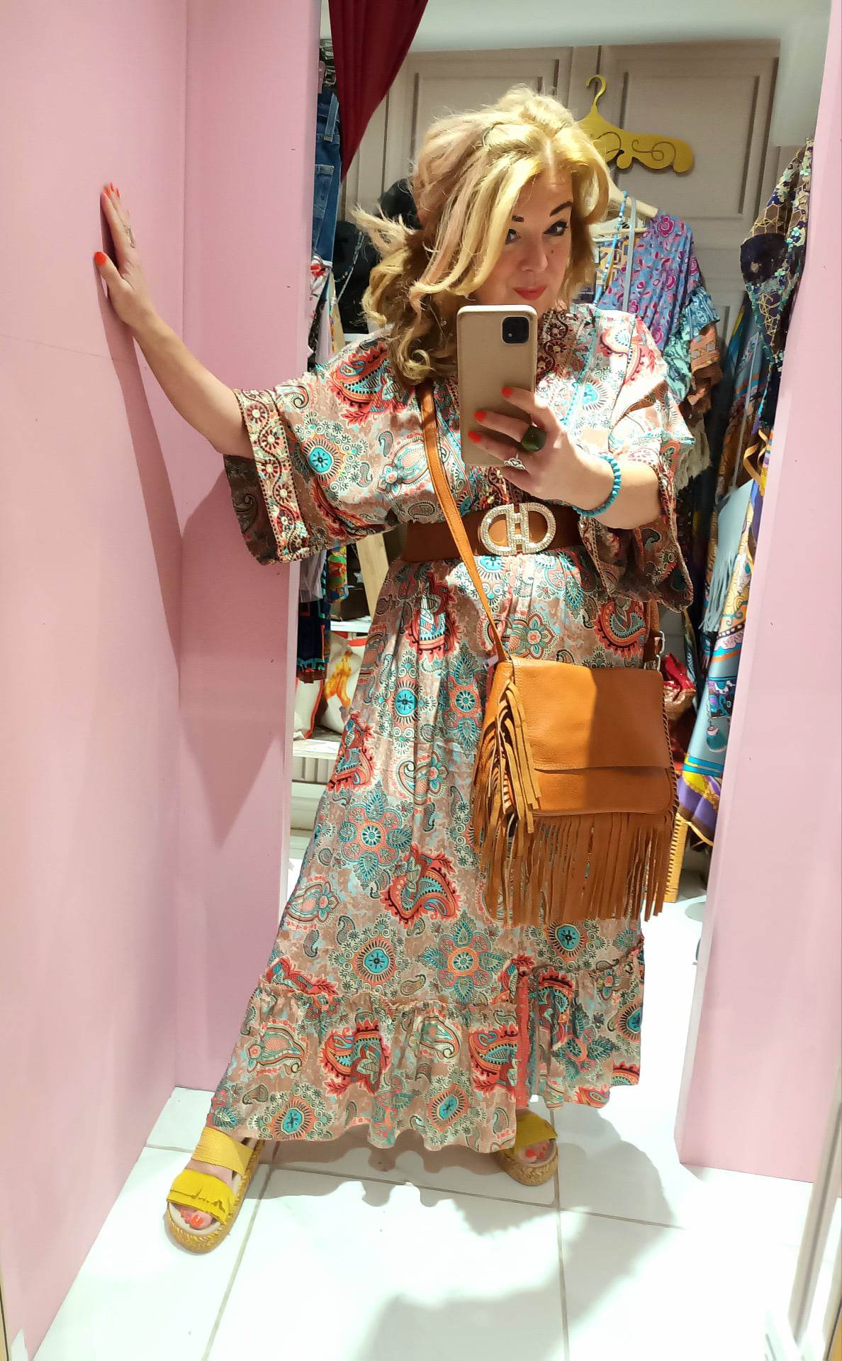 'MUSTIQUE' 100% VINTAGE SILK 70'S STYLE PAISLEY PRINT EMBROIDERED SWISHY HEM CORAL/TURQUOISE DRESS