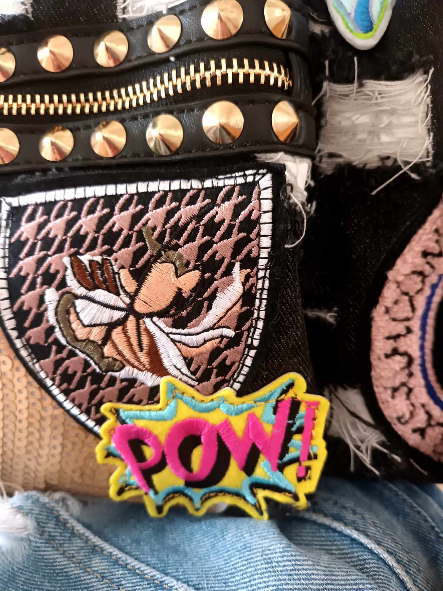 'CHIC LE FREAK' AMAZING EMBELLISHED APPLIQUE PATCH VEGAN TOTE BAG WITH OPTIONAL LONG STRAP