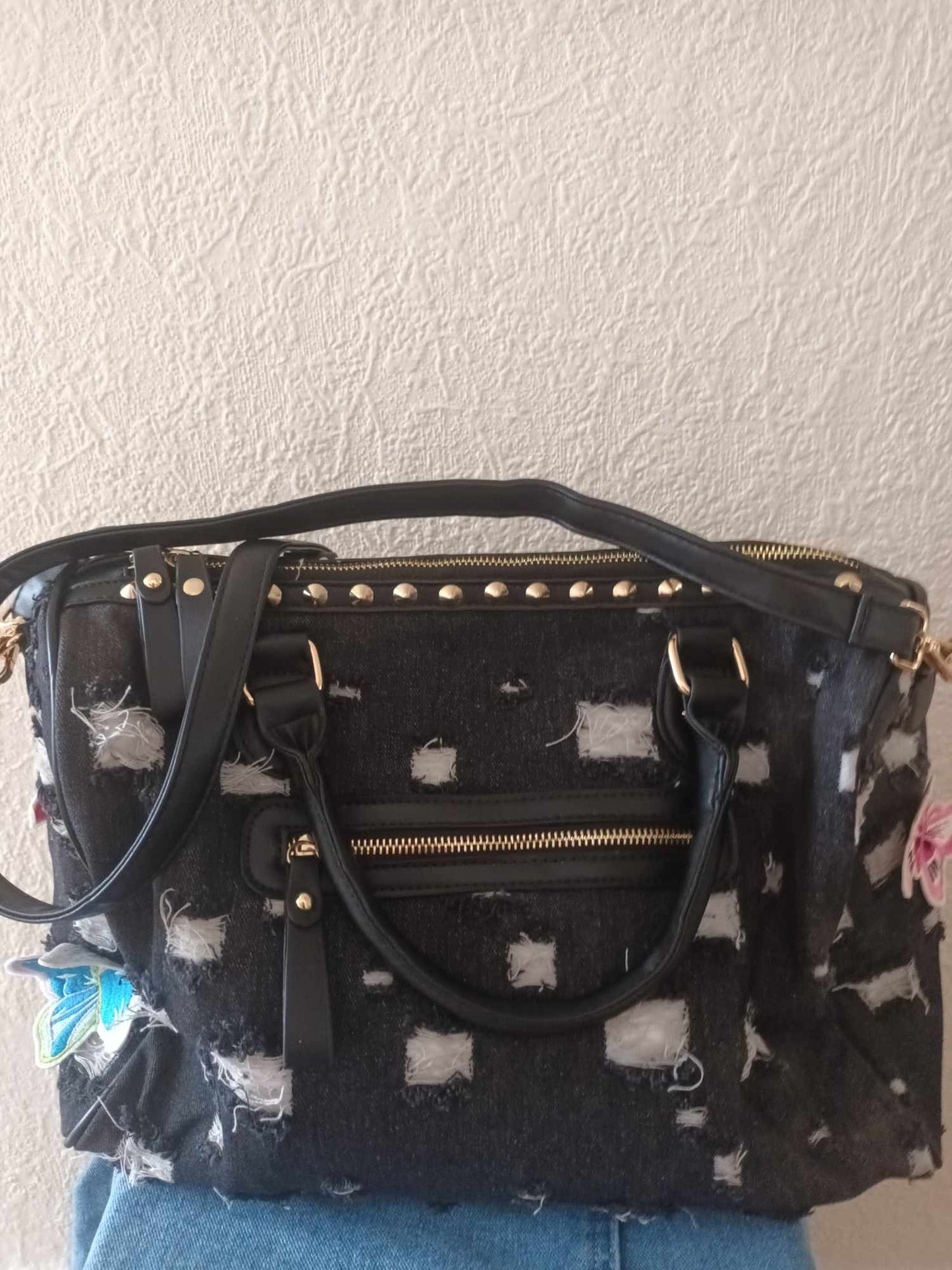 'CHIC LE FREAK' AMAZING EMBELLISHED APPLIQUE PATCH VEGAN TOTE BAG WITH OPTIONAL LONG STRAP