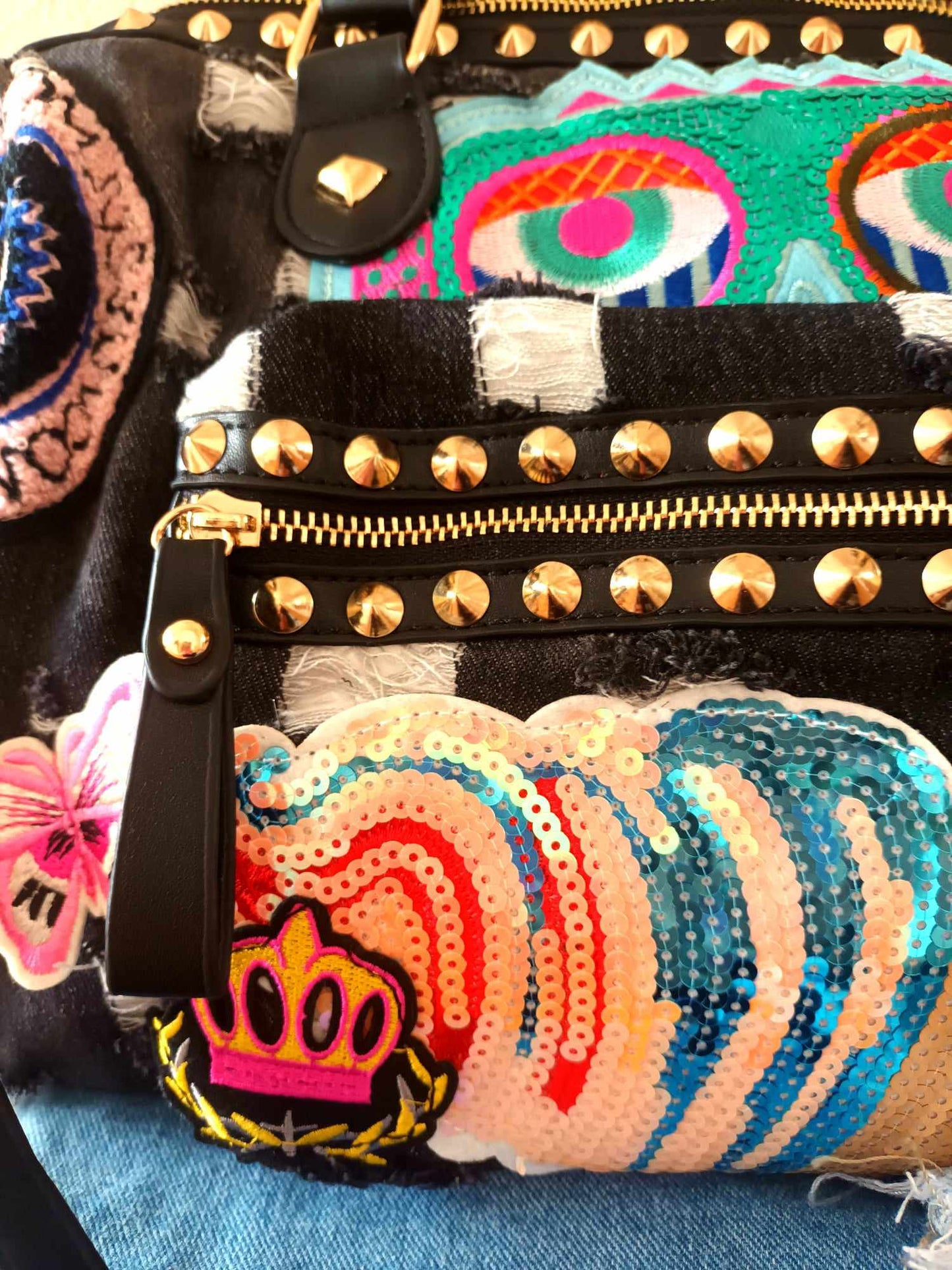 'CHIC LE FREAK' AMAZING EMBELLISHED APPLIQUE PATCH VEGAN TOTE BAG WITH OPTIONAL LONG STRAP