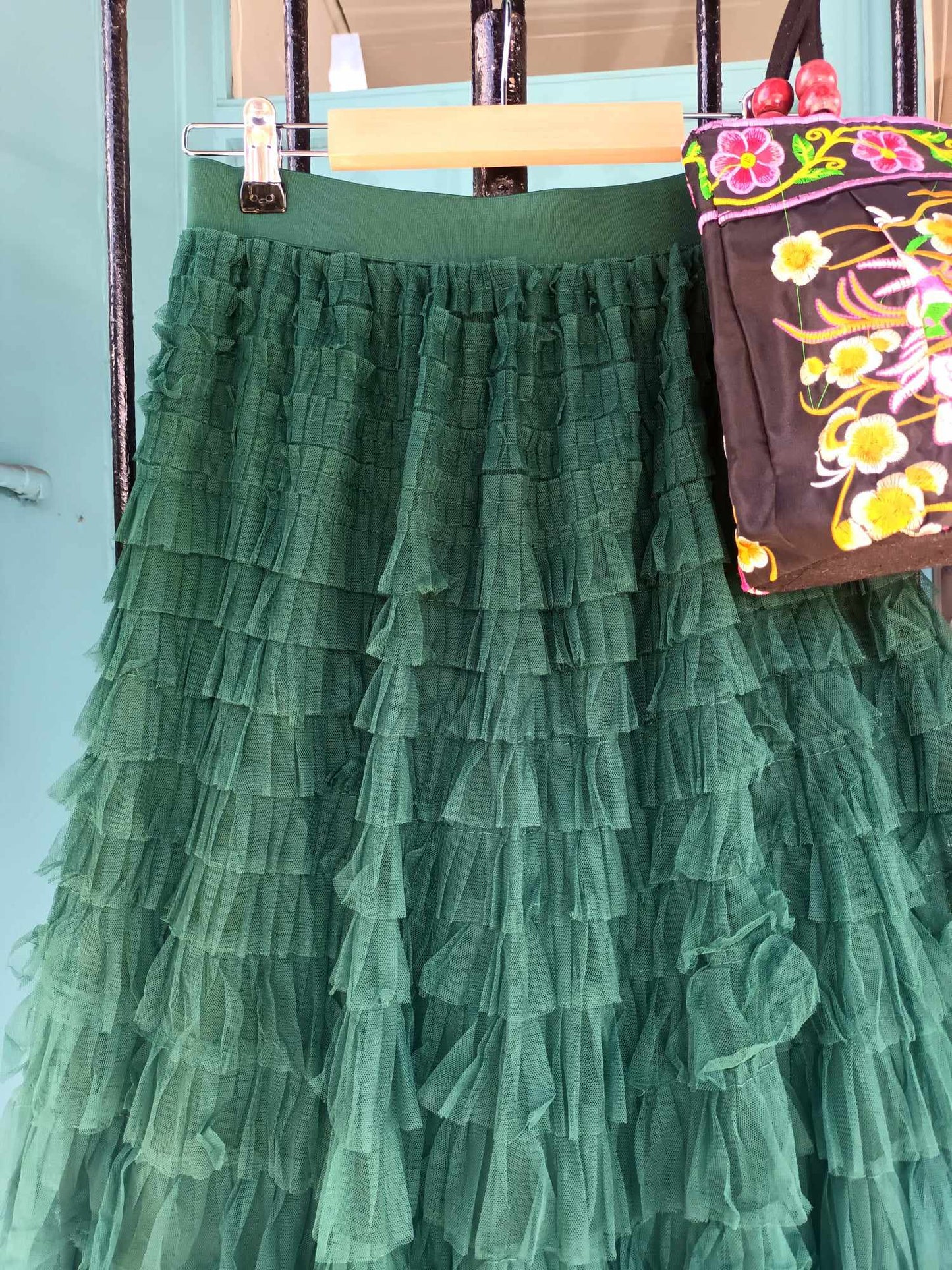 'TABITHA' FABULOUS SWISHY TIERED TULLE TWO WAY SKIRT WITH ELASTICATED WAIST IVY GREEN