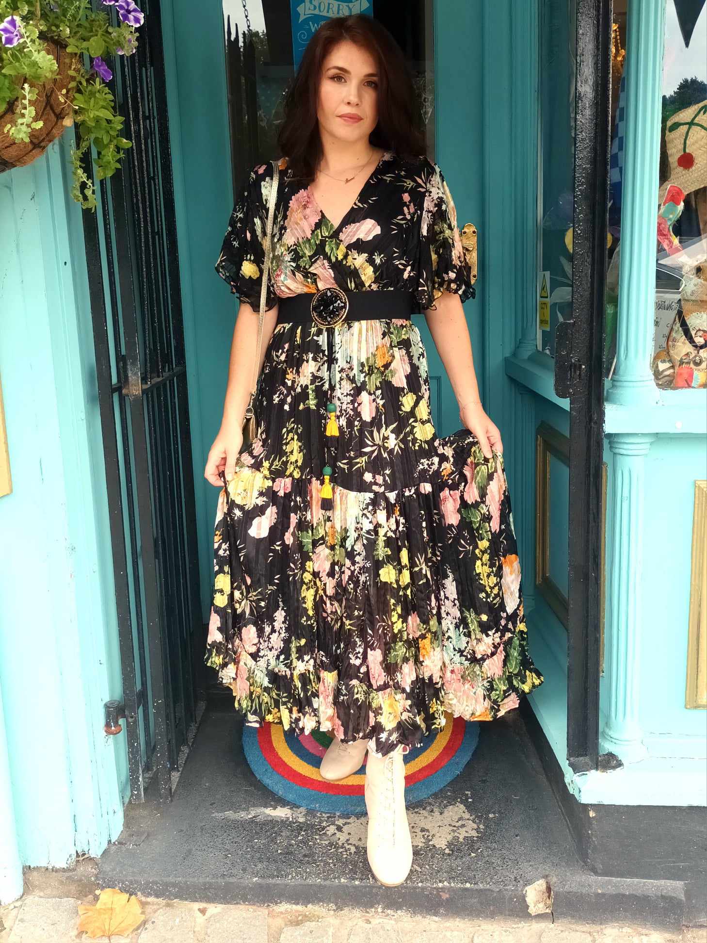ELEANOR' FLORAL ANGEL SLEEVE SWISHY HEM MIDI DRESS BLACK MULTI Want that Dress ELEANOR' FLORAL ANGEL SLEEVE SWISHY HEM MIDI DRESS BLACK MULTI Want that Dress