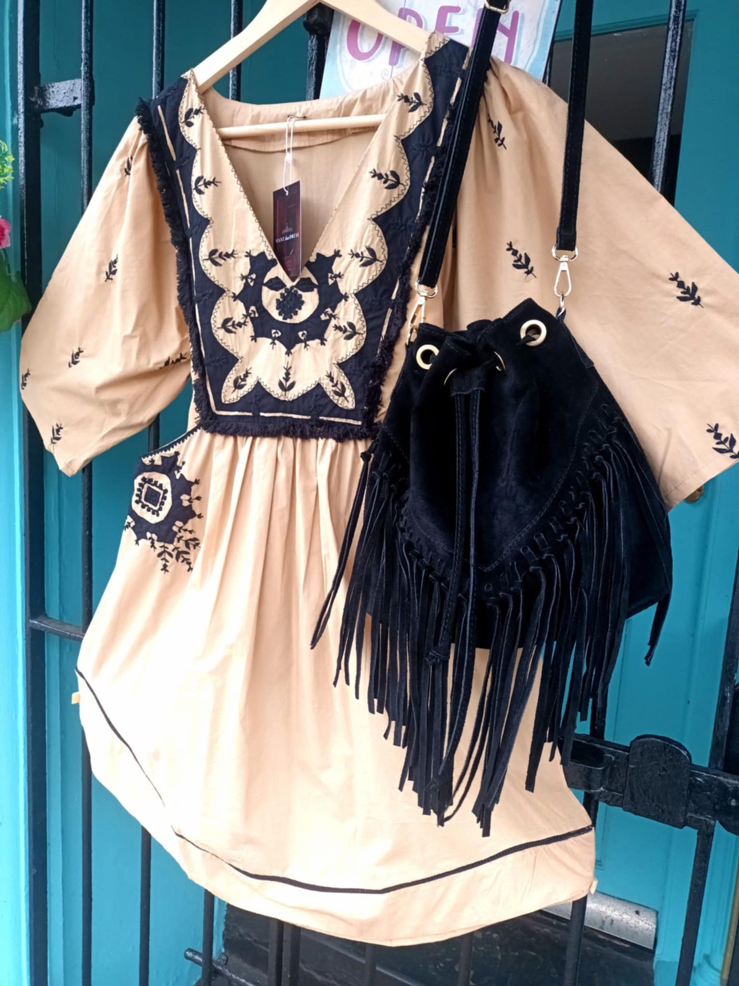 THE 'BELLA BARCELONA' BEAUTIFUL FOLK STYLE POCKET FRONT DRESS WITH STUNNING FRINGE AND EMBROIDERED DETAIL