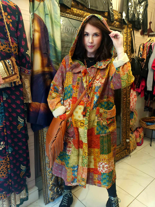 THE 'SPICE TRAIL' FABULOUS PATCHWORK PRINT HOODED COAT WITH POCKETS