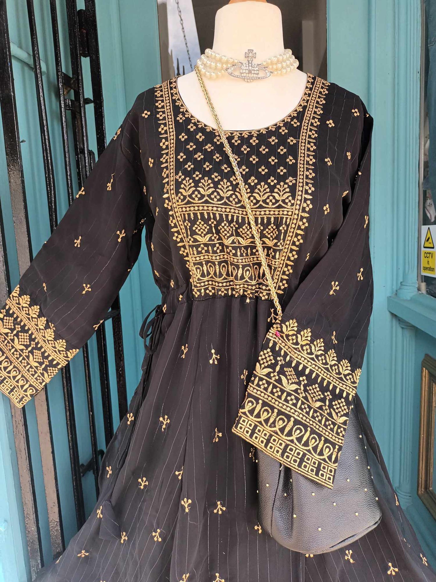 'PRIYA' BEAUTIFUL GOLD AND BLACK RICHLY EMBELLISHED BOHEMIAN DRESS WITH ADJUSTABLE DRAWSTRING WAIST
