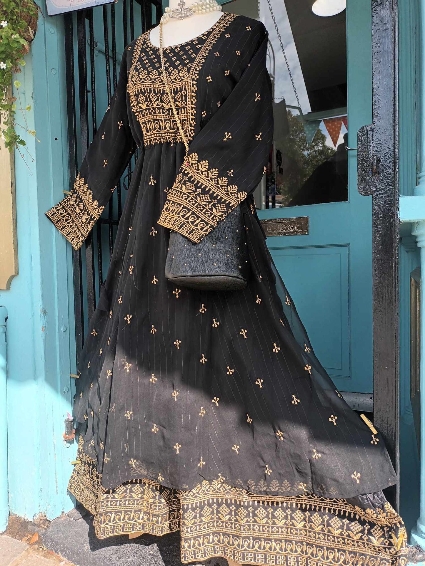 'PRIYA' BEAUTIFUL GOLD AND BLACK RICHLY EMBELLISHED BOHEMIAN DRESS WITH ADJUSTABLE DRAWSTRING WAIST
