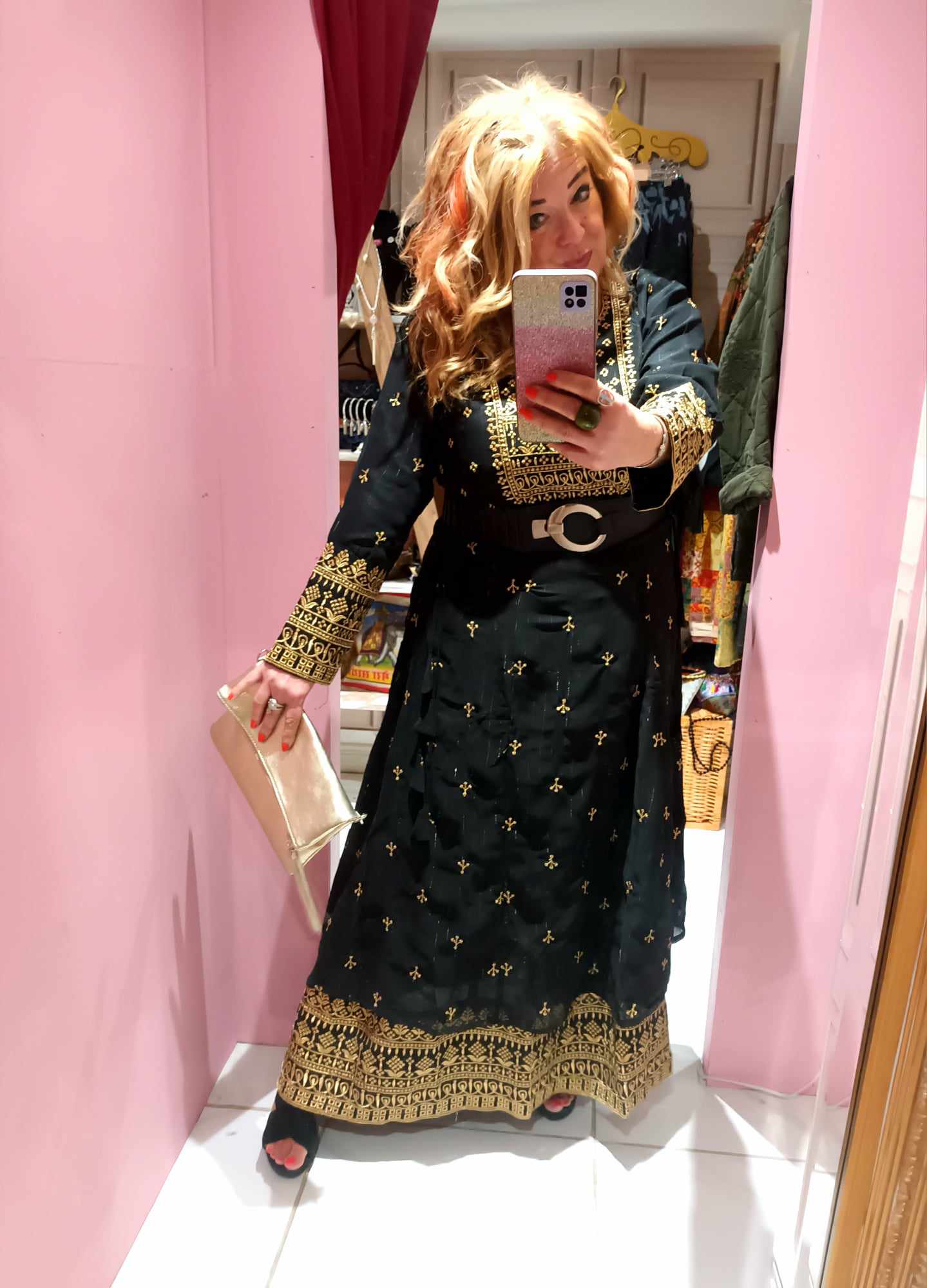 'PRIYA' BEAUTIFUL GOLD AND BLACK RICHLY EMBELLISHED BOHEMIAN DRESS WITH ADJUSTABLE DRAWSTRING WAIST