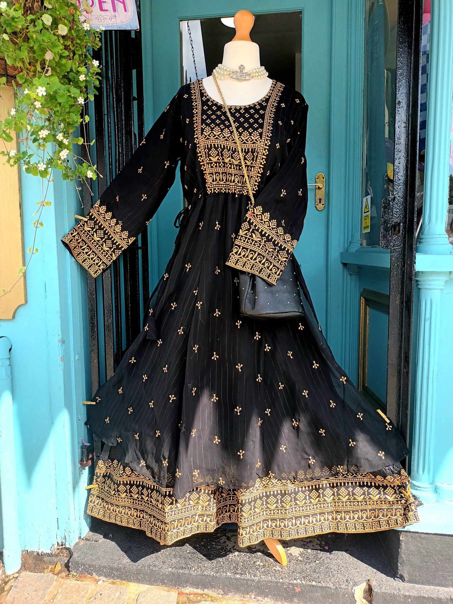 'PRIYA' BEAUTIFUL GOLD AND BLACK RICHLY EMBELLISHED BOHEMIAN DRESS WITH ADJUSTABLE DRAWSTRING WAIST
