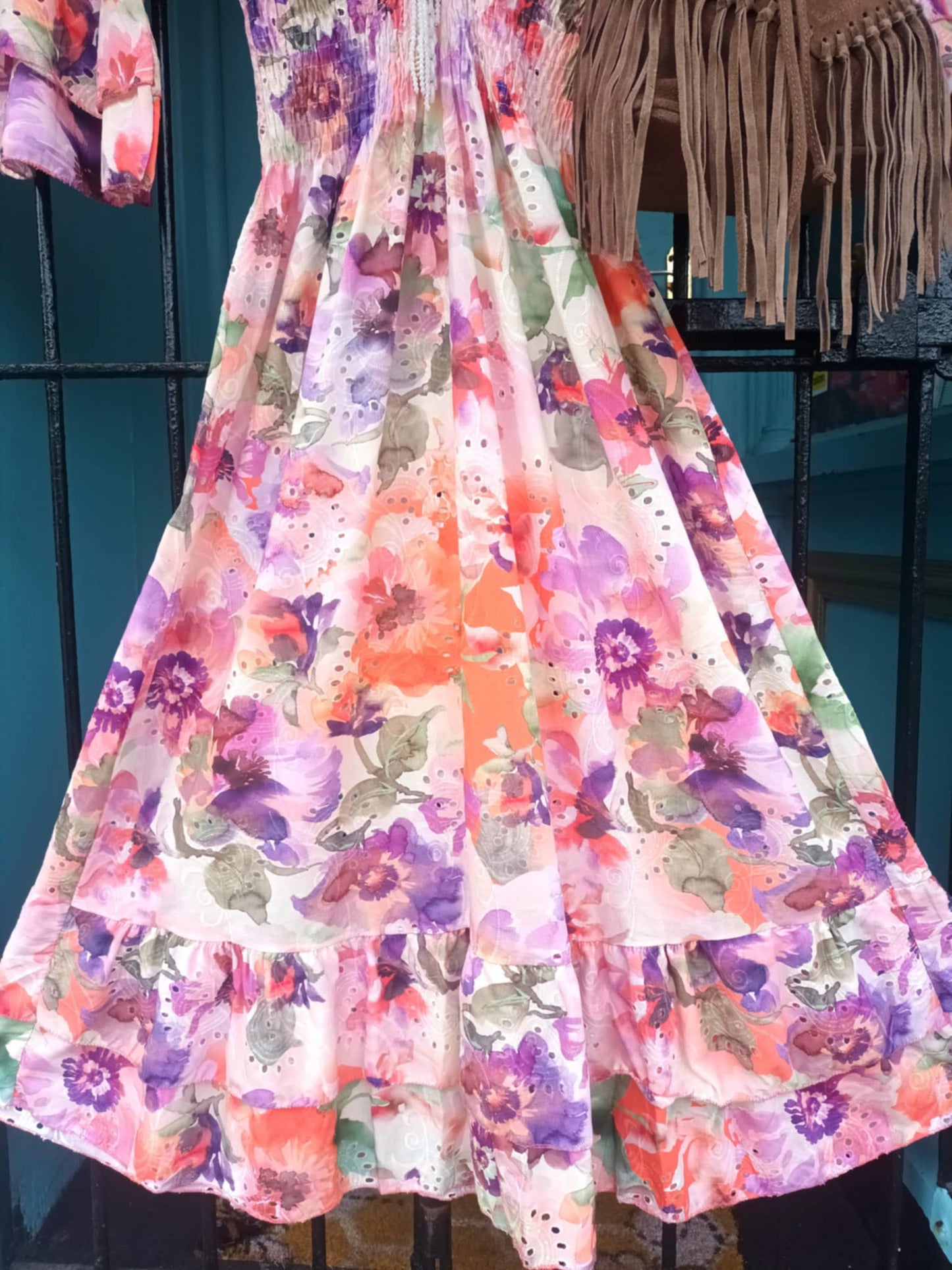 THE 'MEADOW' 100% COTTON BRODERIE ANGLAISE WATERCOLOUR FLORAL PRINT DRESS AQUA OR PINK