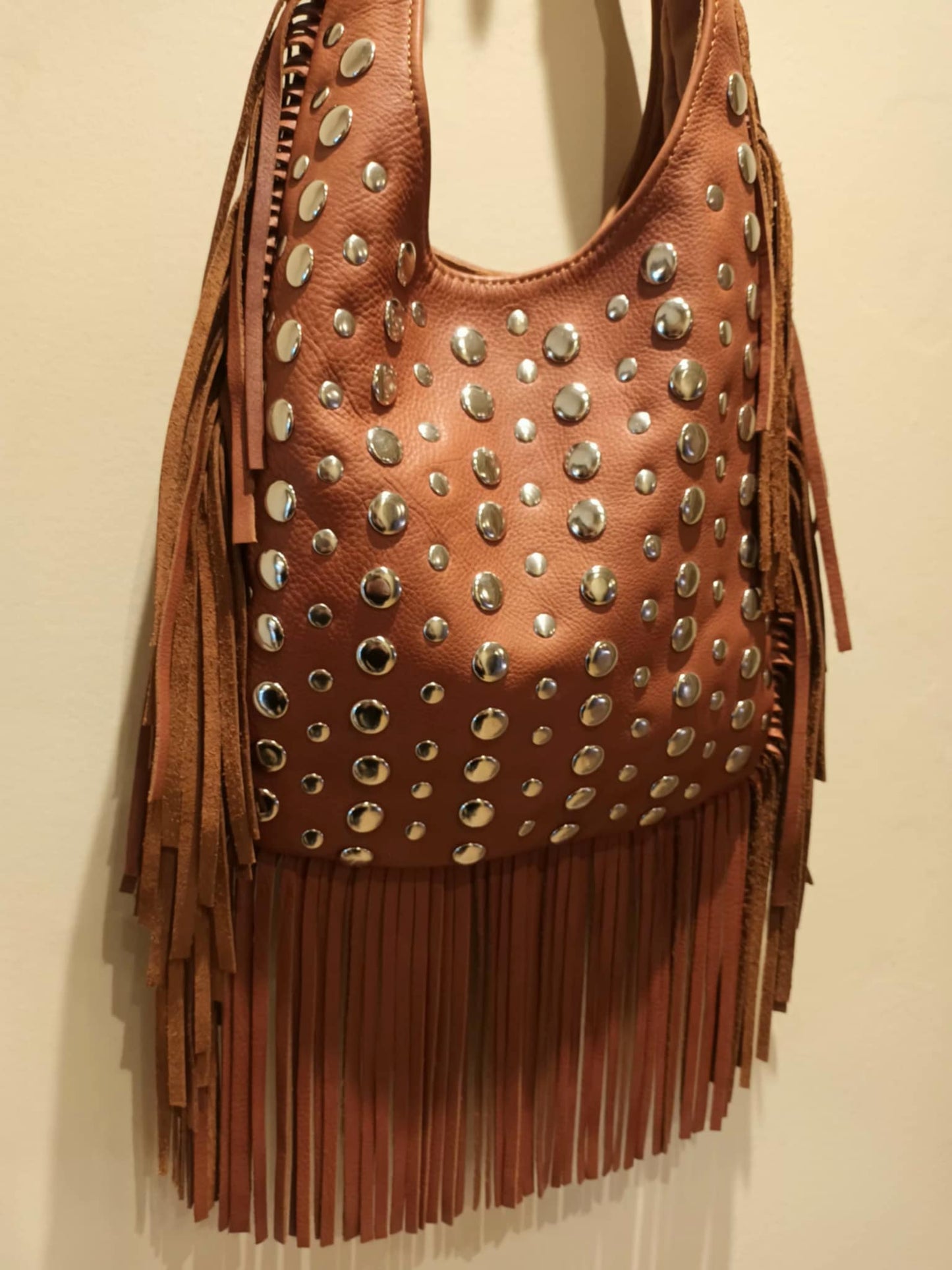 THE 'MEDINA' 100% EXQUISITE SOFT LEATHER FRINGED BAG WITH STUDDED EMBELLISHMENTS HANDMADE IN MARRAKECH TAN OR BLACK