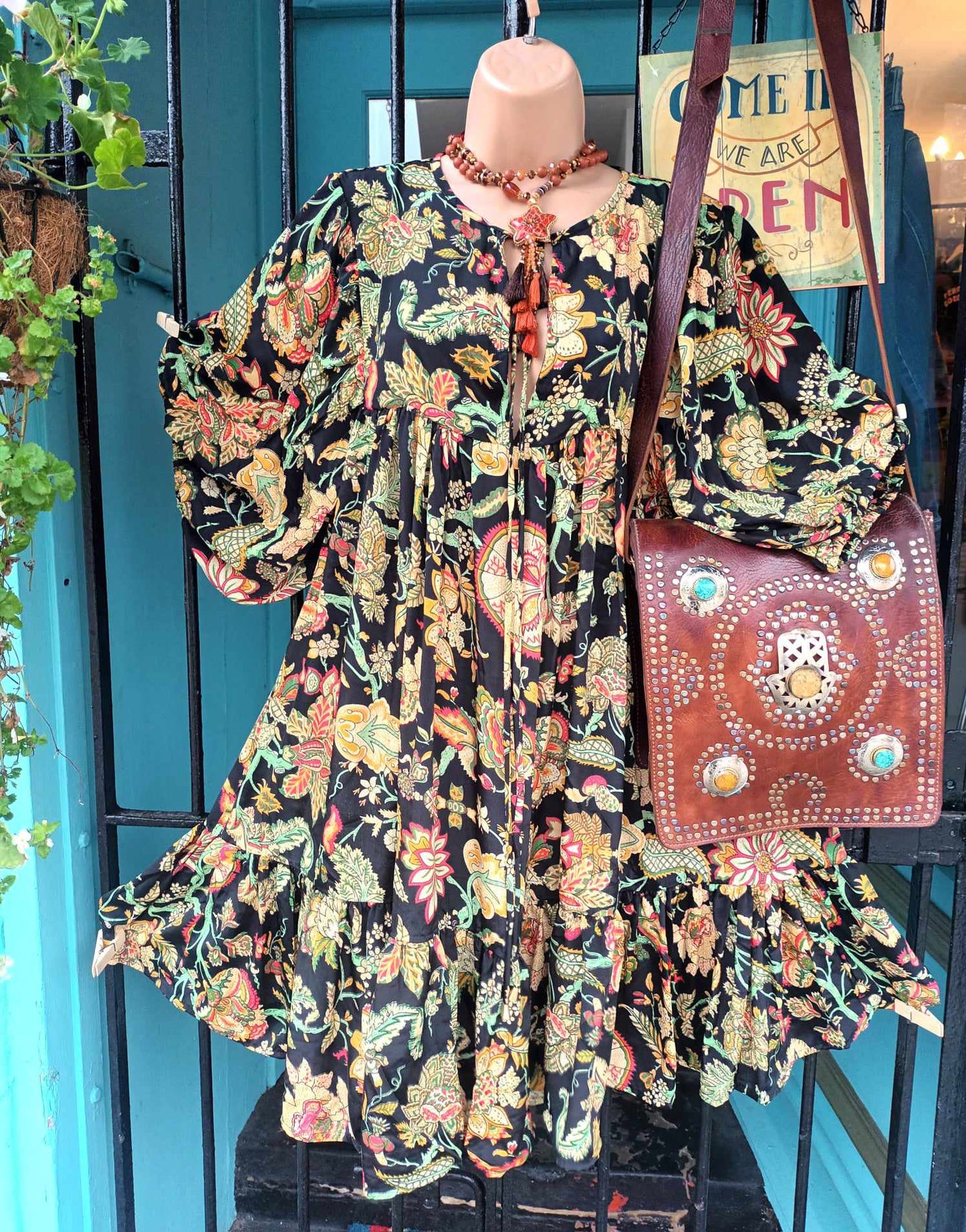 THE 'BELLE BONITA' RICH BOTANICAL PRINT 70'S BABYDOLL STYLE SMOCK DRESS WITH BALLOON SLEEVES