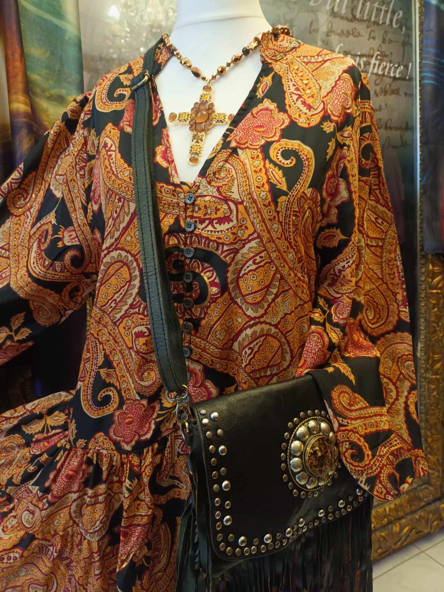 THE 'PARADISO WINTER SPICE' RICH PAISLEY PRINT BUTTON BODICE DRESS WITH EXQUISITE TIERED SKIRT