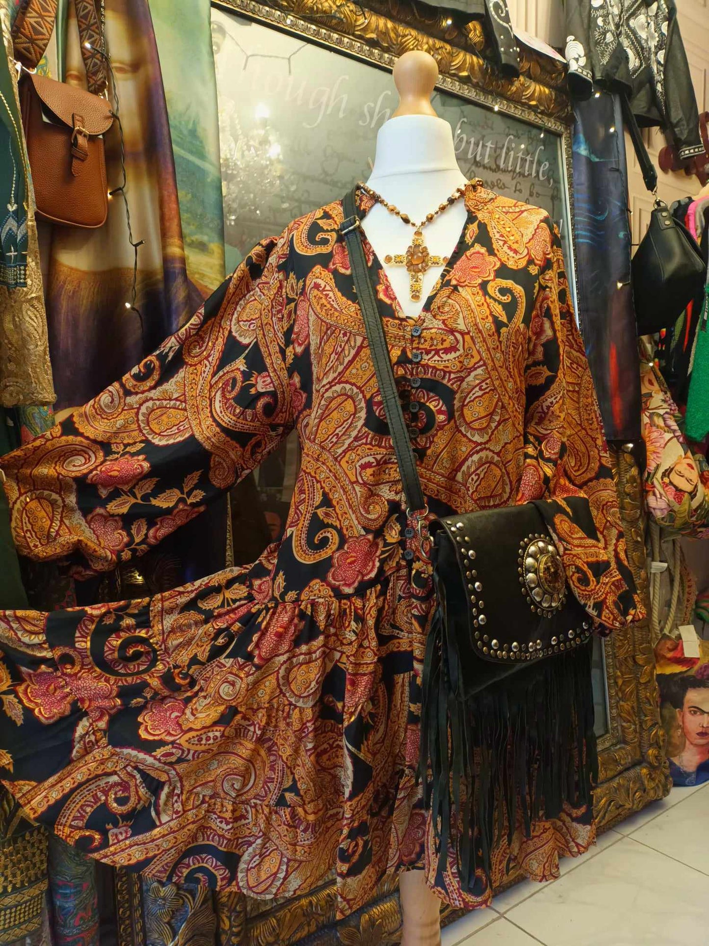 THE 'PARADISO WINTER SPICE' RICH PAISLEY PRINT BUTTON BODICE DRESS WITH EXQUISITE TIERED SKIRT