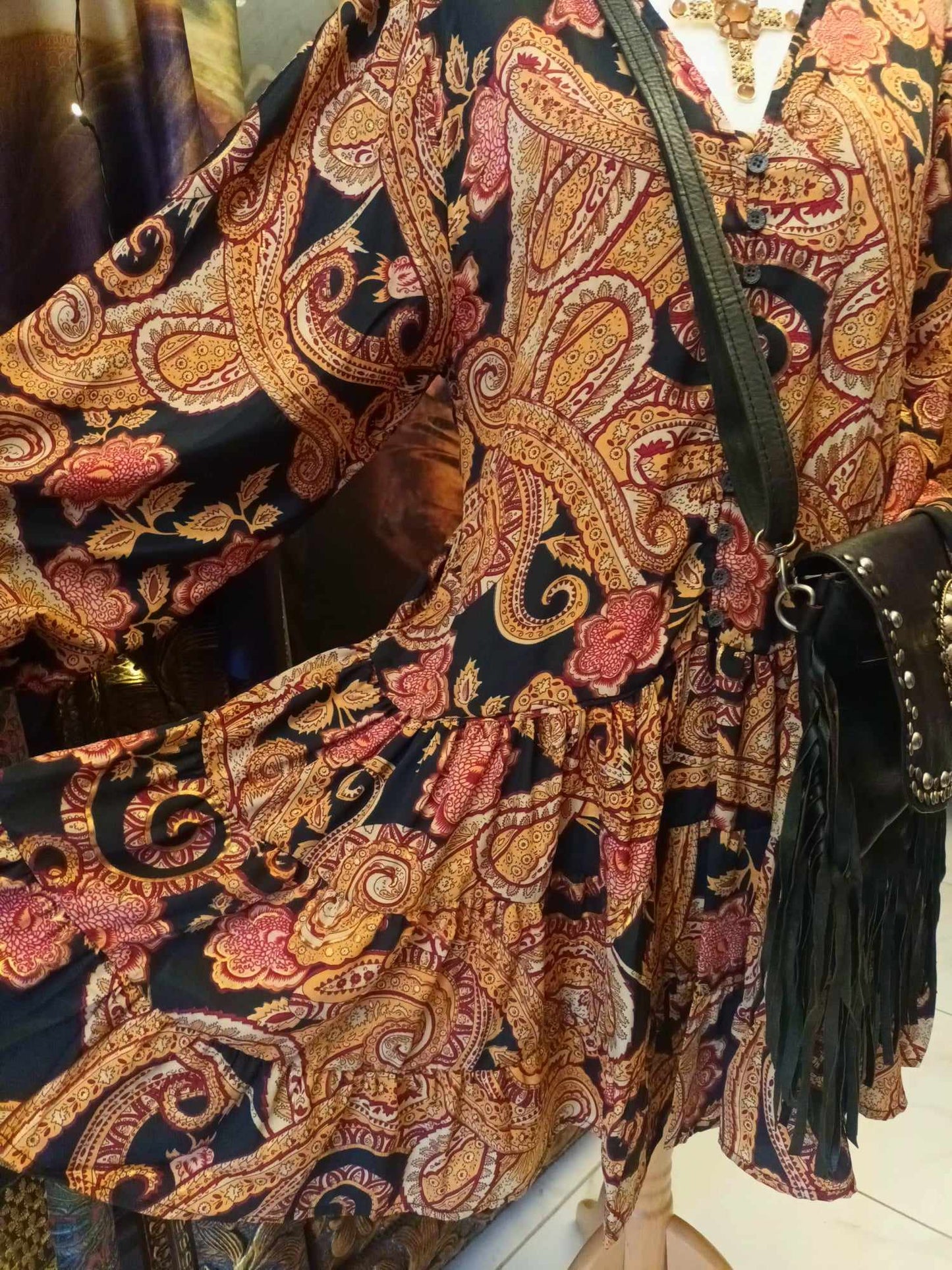 THE 'PARADISO WINTER SPICE' RICH PAISLEY PRINT BUTTON BODICE DRESS WITH EXQUISITE TIERED SKIRT