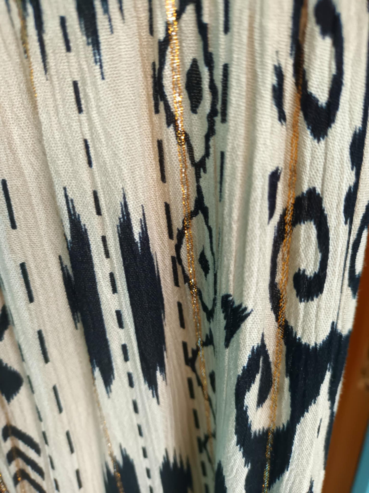 THE 'IKAT' ELEGANT AND FLOATY ETHNIC PRINT BUTTON THROUGH DRESS WITH ACCENTS OF GOLD