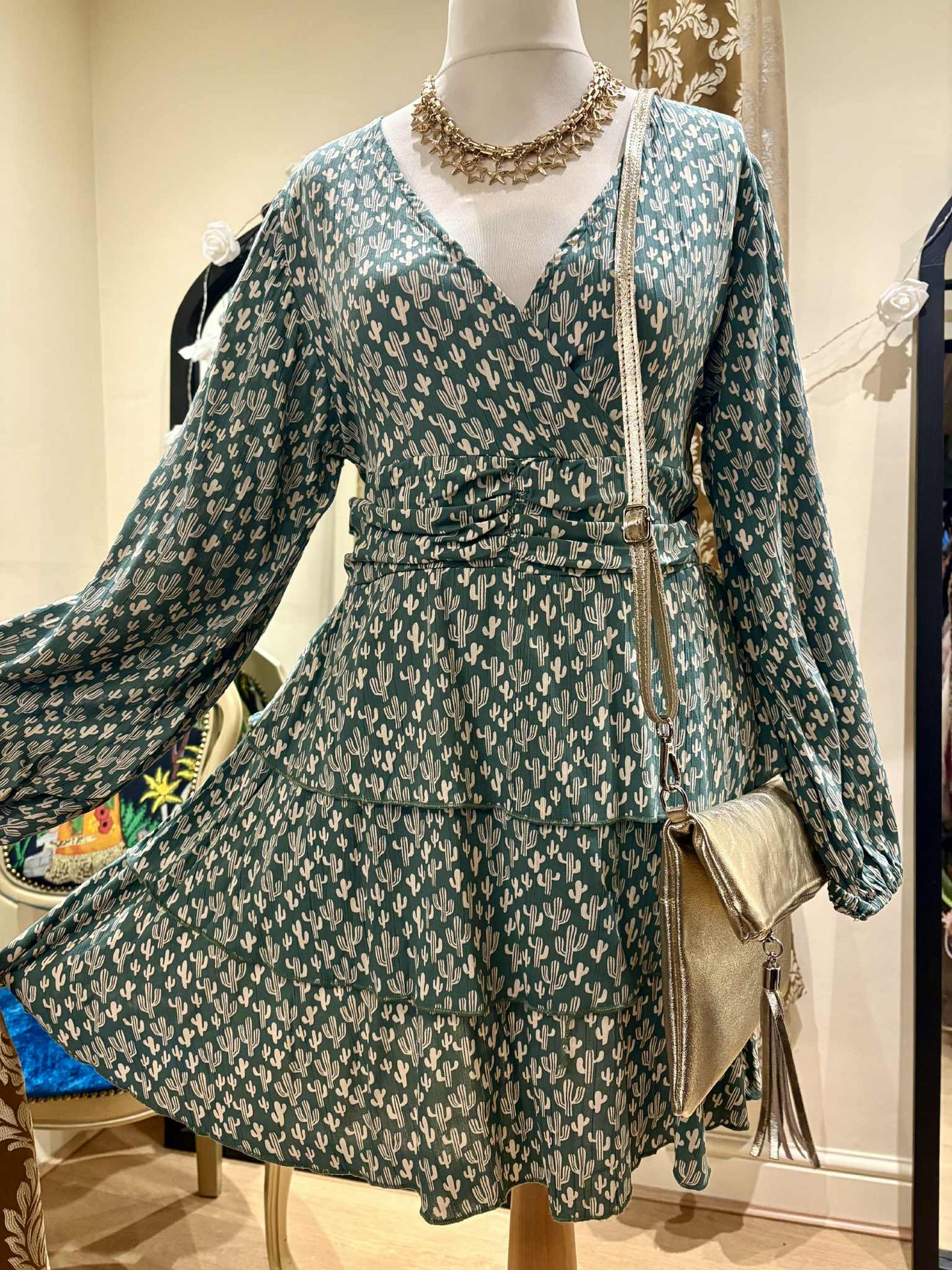 THE 'CACTUS SKIES' CUTE CACTUS PRINT TIERED HOURGLASS DRESS FROM OUR EXCLUSIVE SPANISH COLLECTION