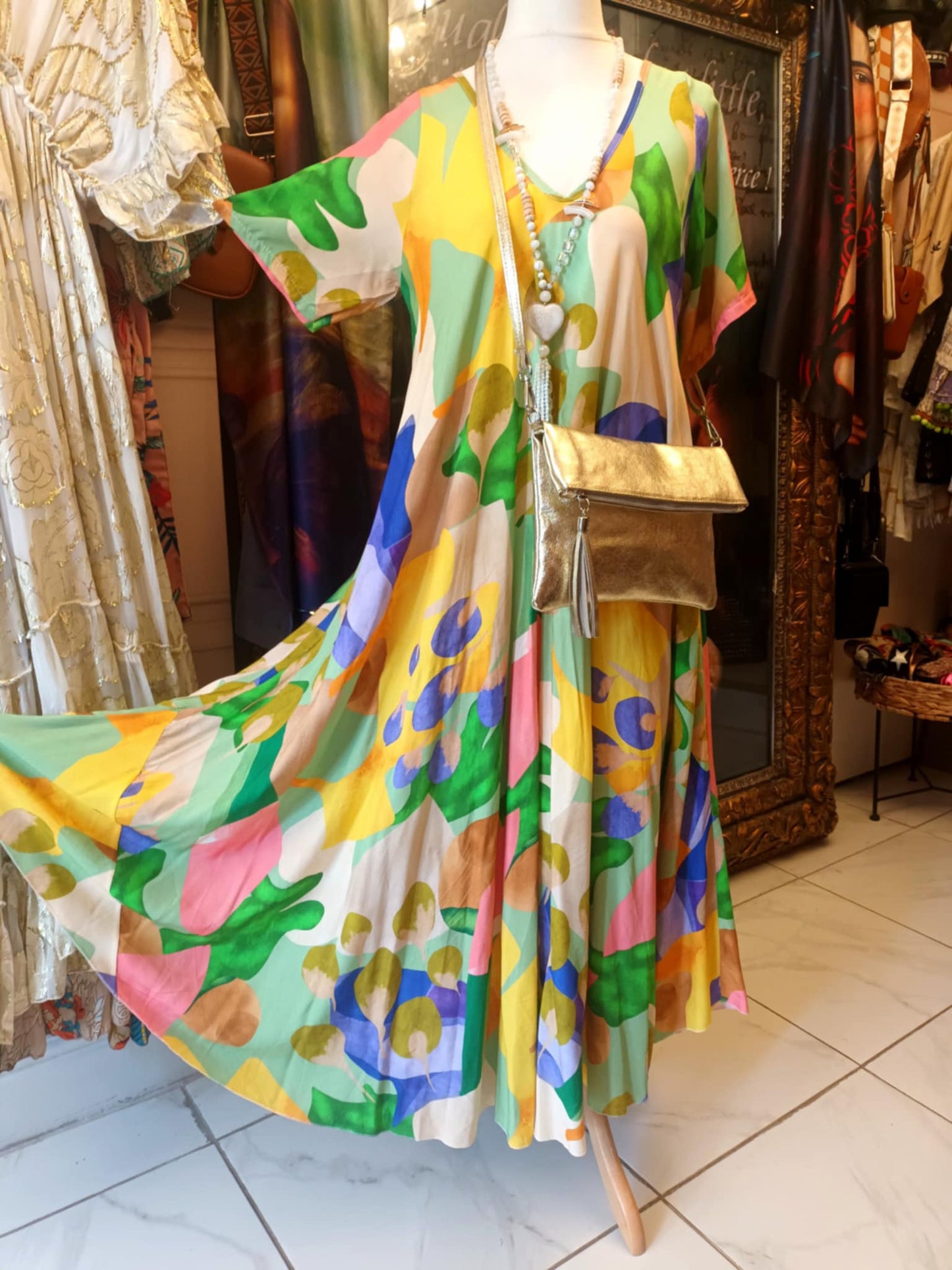 THE 'SUNNY DAZE' FIT AND FLARE V NECK DRESS WITH SUPER SWISHY SKIRT GREEN MIX or PINK MIX