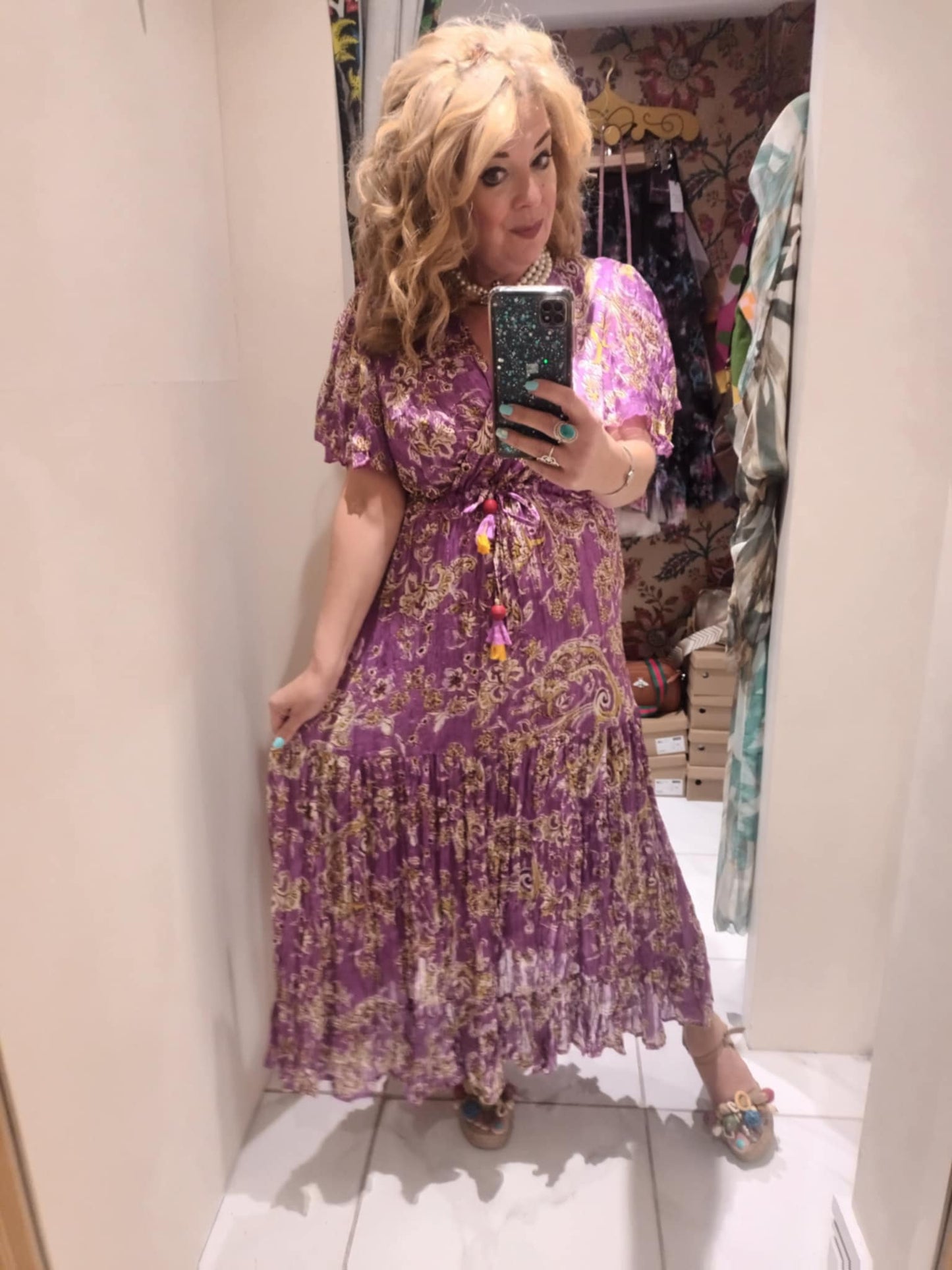 'ELEANOR' STUNNING PLISSE ANGEL SLEEVE MAGIC DRESS WITH SWISHY HEM AND TASSEL DETAIL MAGENTA PRINT