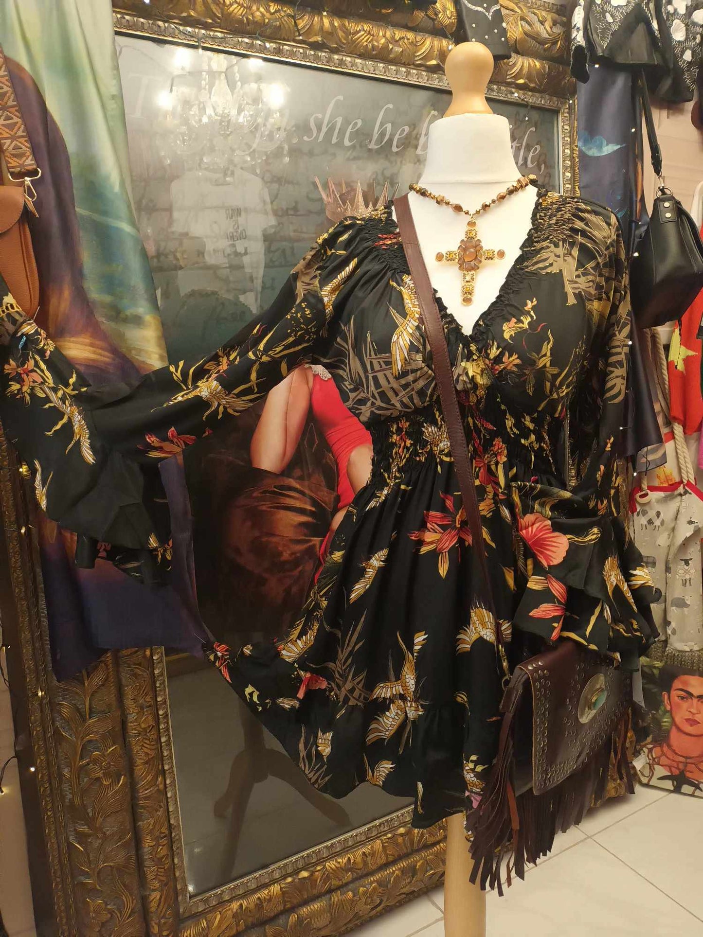'TIFFANY BIRDS AND BOTANICALS' SEVENTIES STYLE BELL SLEEVE DRESS FROM OUR SPANISH COLLECTION