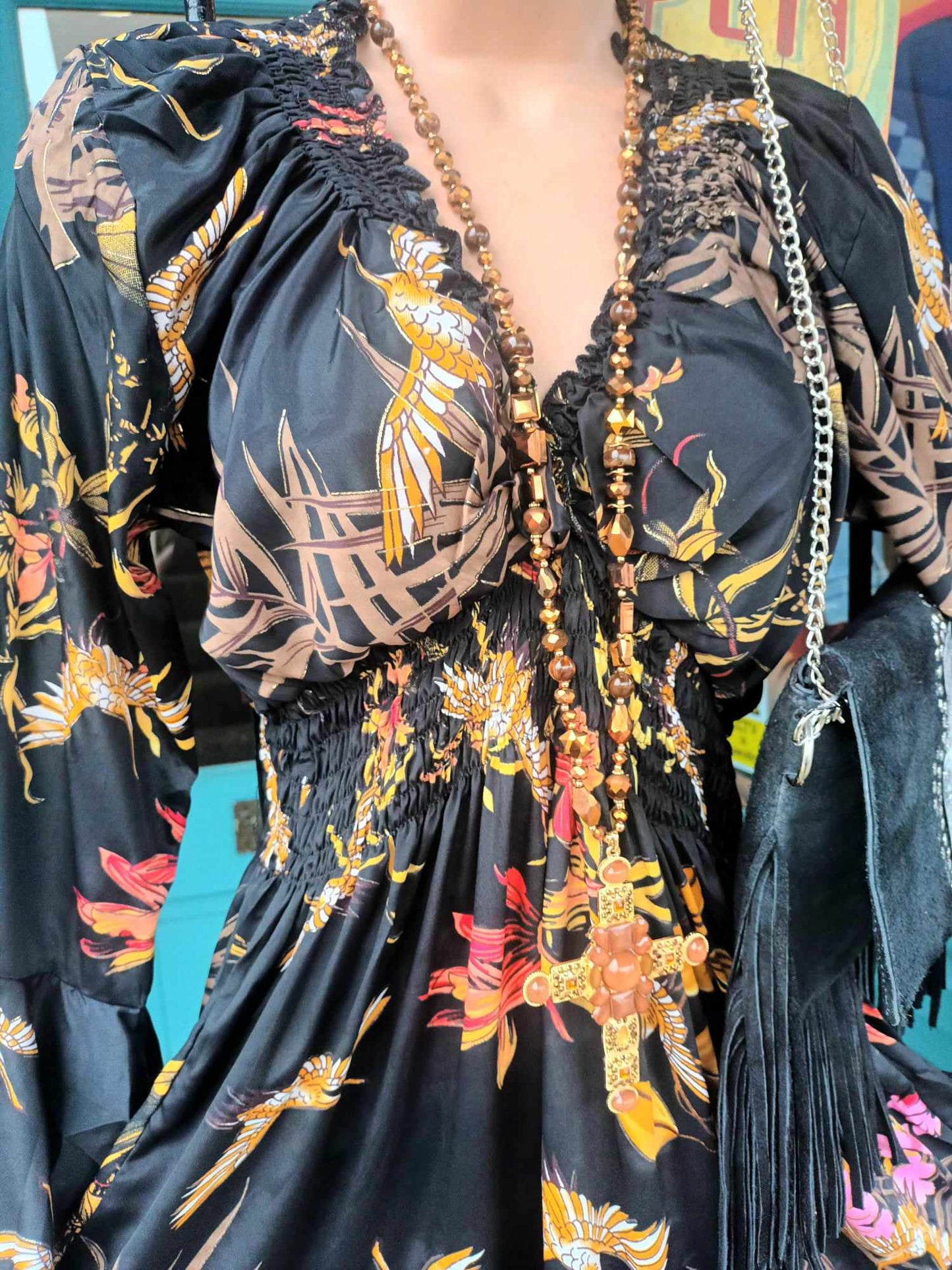 'TIFFANY BIRDS AND BOTANICALS' SEVENTIES STYLE BELL SLEEVE DRESS FROM OUR SPANISH COLLECTION