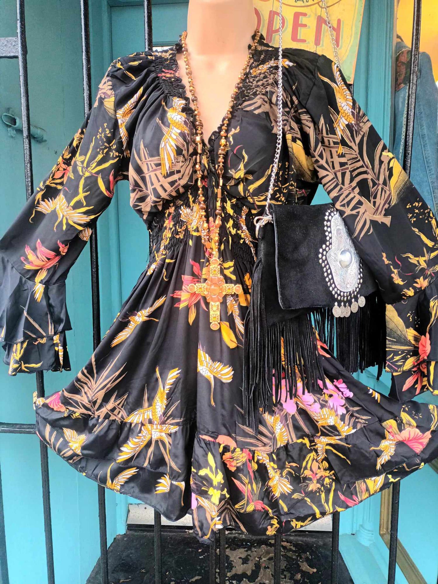 'TIFFANY BIRDS AND BOTANICALS' SEVENTIES STYLE BELL SLEEVE DRESS FROM OUR SPANISH COLLECTION