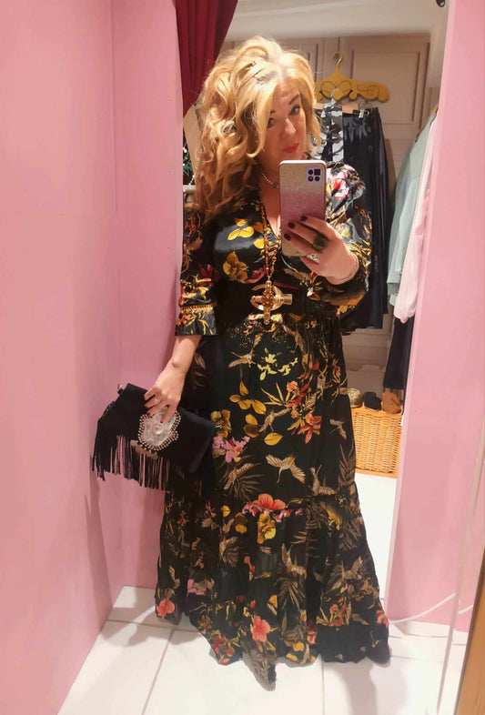'MIDNIGHT FIESTA' SPANISH COLLECTION BEAUTIFUL FLORALS AND BIRDS FULL LENGTH 3/4 SLEEVE TIERED MAXI DRESS