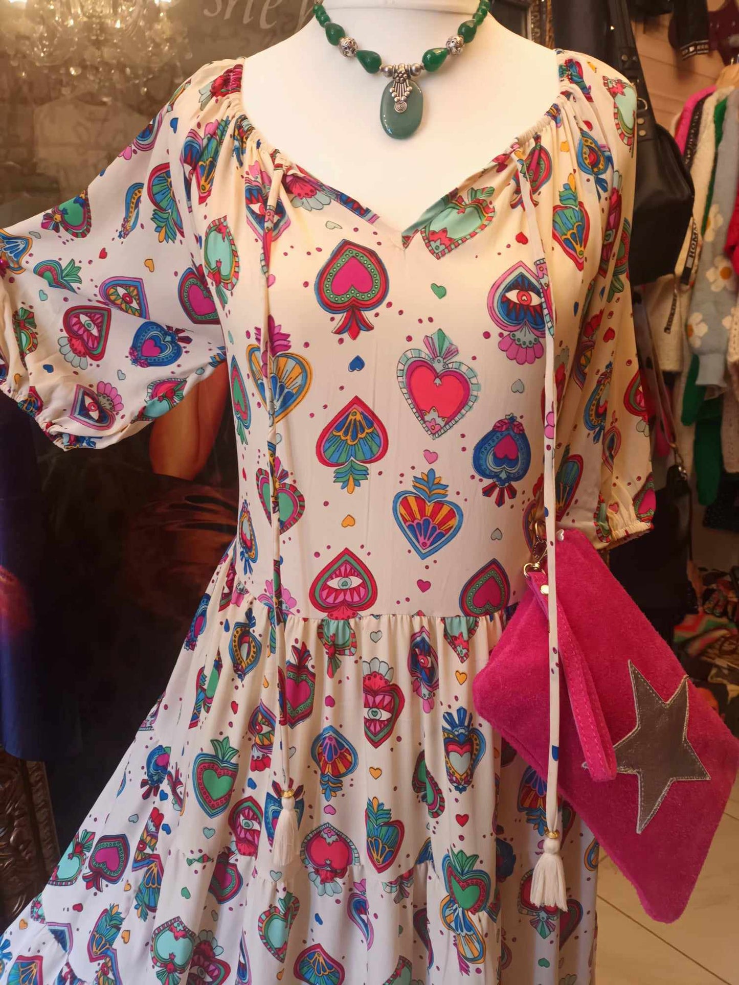 THE 'MYSTIC LOVE' BOHEMIA HEART PRINT DRESS IN RAINBOW COLOURS