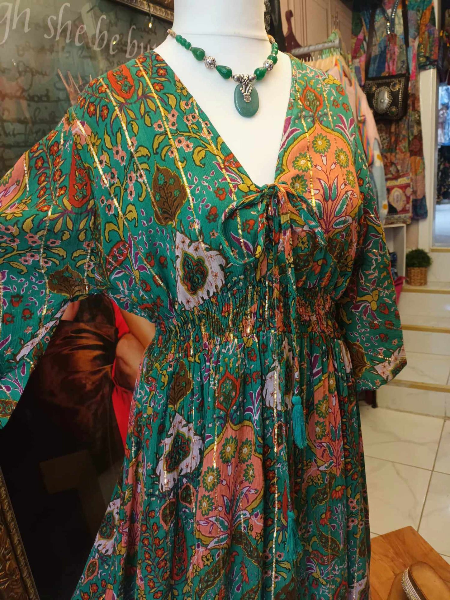 'JAIPUR PALACE' BEAUTIFUL BOHEMIAN PRINT FLUTTER SLEEVE FLATTERING SHIRRED WAIST DRESS UK 12-20