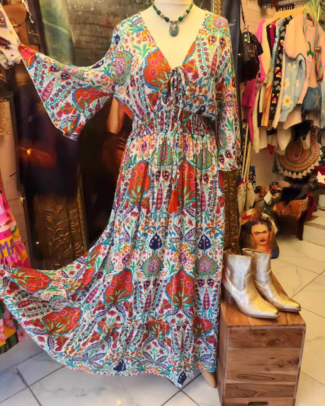 'JAIPUR PALACE' BEAUTIFUL BOHEMIAN PRINT FLUTTER SLEEVE FLATTERING SHIRRED WAIST DRESS UK 12-20