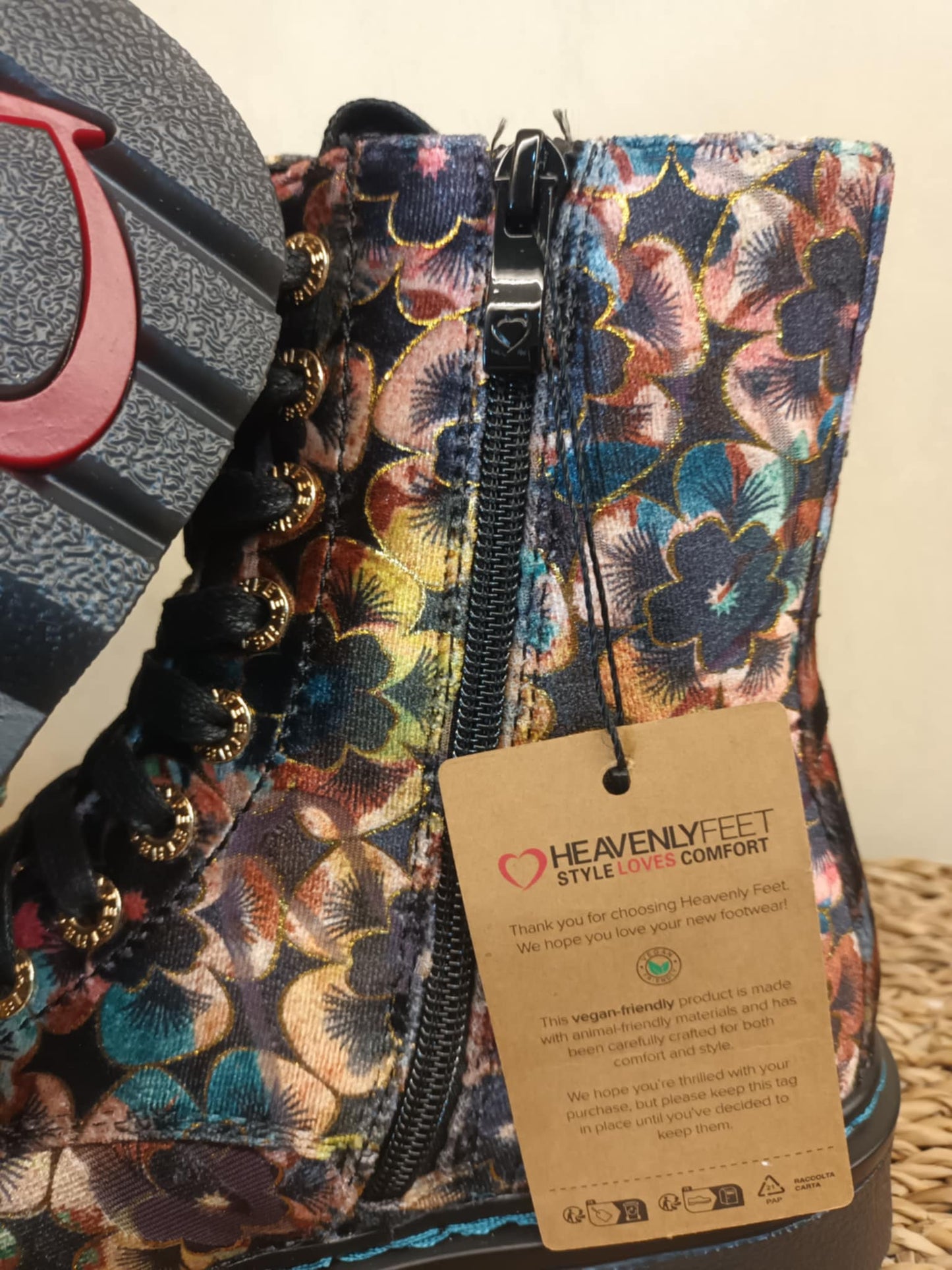 THE 'PANSY' STUNNING MULTI PANSY PATTERN LACE UP SUPER COMFORT LACE UP/ZIP BOOTS VEGAN FRIENDLY