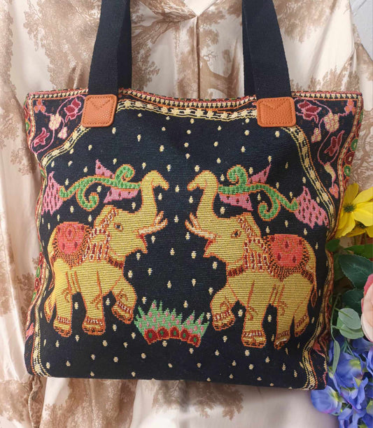 THE 'AMIRA TRAVELLER TOTE' ELEPHANT TAPESTRY TOTE BAG WITH ZIP FASTENING AND POCKETS