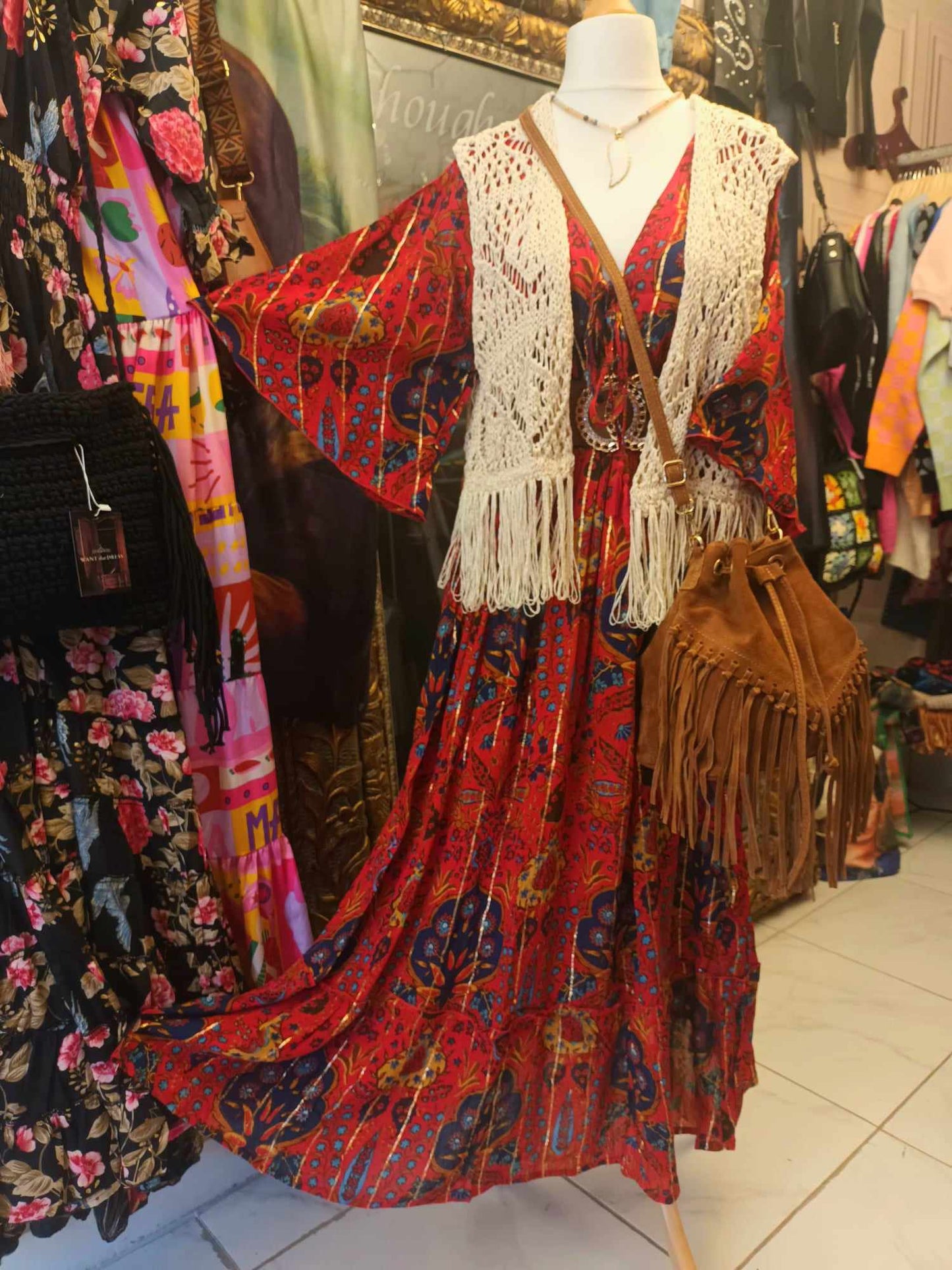 'JAIPUR PALACE' BEAUTIFUL BOHEMIAN PRINT FLUTTER SLEEVE FLATTERING SHIRRED WAIST DRESS UK 12-20