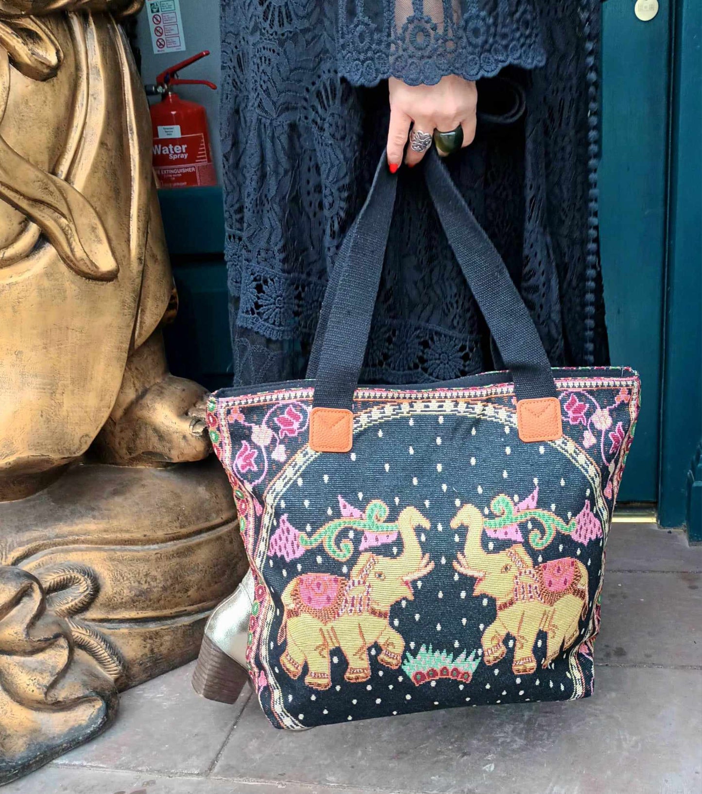 THE 'AMIRA TRAVELLER TOTE' ELEPHANT TAPESTRY TOTE BAG WITH ZIP FASTENING AND POCKETS