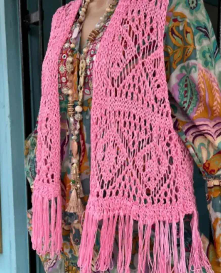 THE 'WOODSTOCK' BEAUTIFUL FRINGED CROCHET WAISTCOAT IN GOLD, PINK OR CREAM