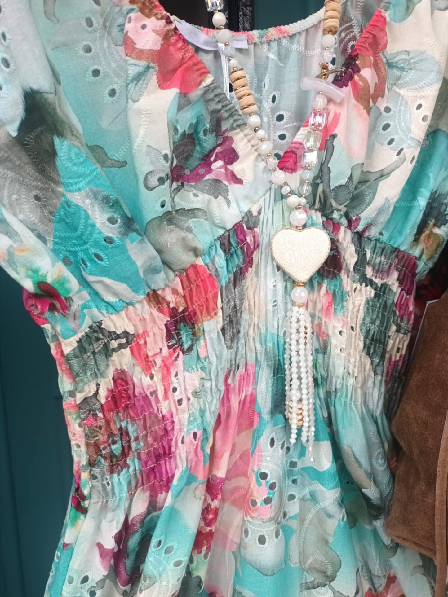 THE 'MEADOW' 100% COTTON BRODERIE ANGLAISE WATERCOLOUR FLORAL PRINT DRESS AQUA OR PINK