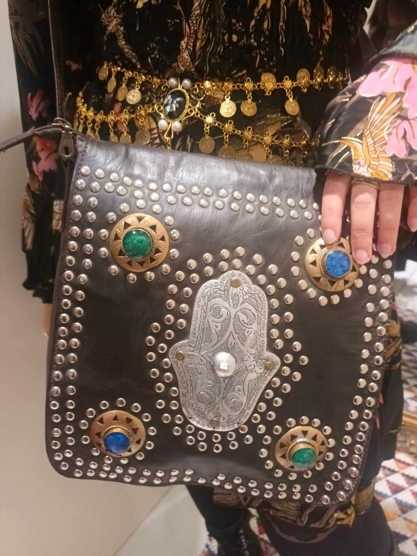 'YASMINE' EXCLUSIVE 100% LEATHER HANDMADE CROSSBODY BAG WITH DECORATIVE HAMZA HAND, STONES AND STUDS